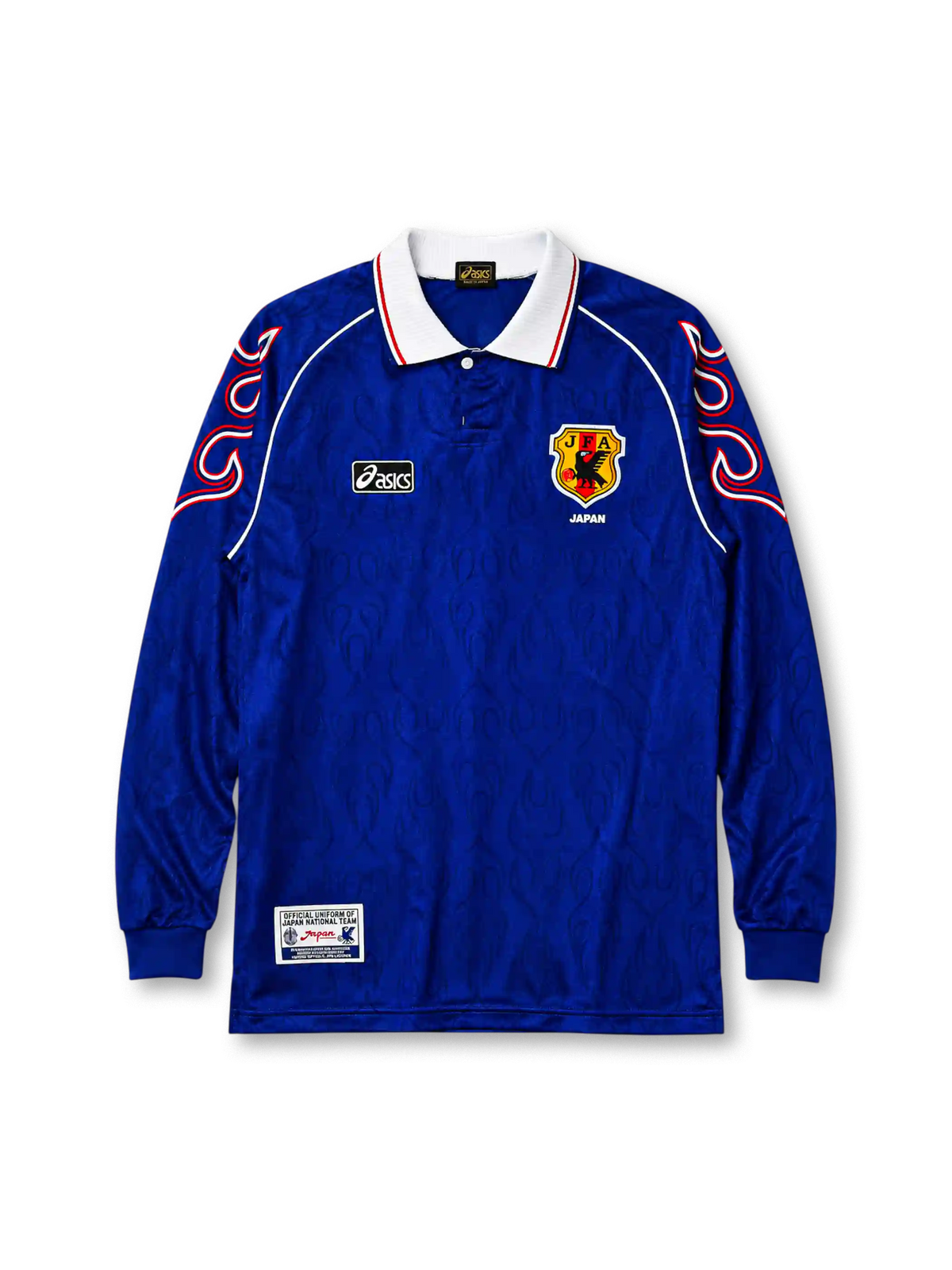 Japan 1998 World Cup home long sleeve jersey in blue with swirling red and white sleeve piping