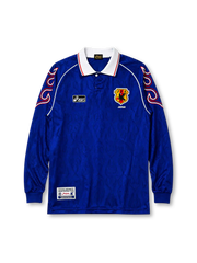 Japan 1998 World Cup home long sleeve jersey in blue with swirling red and white sleeve piping