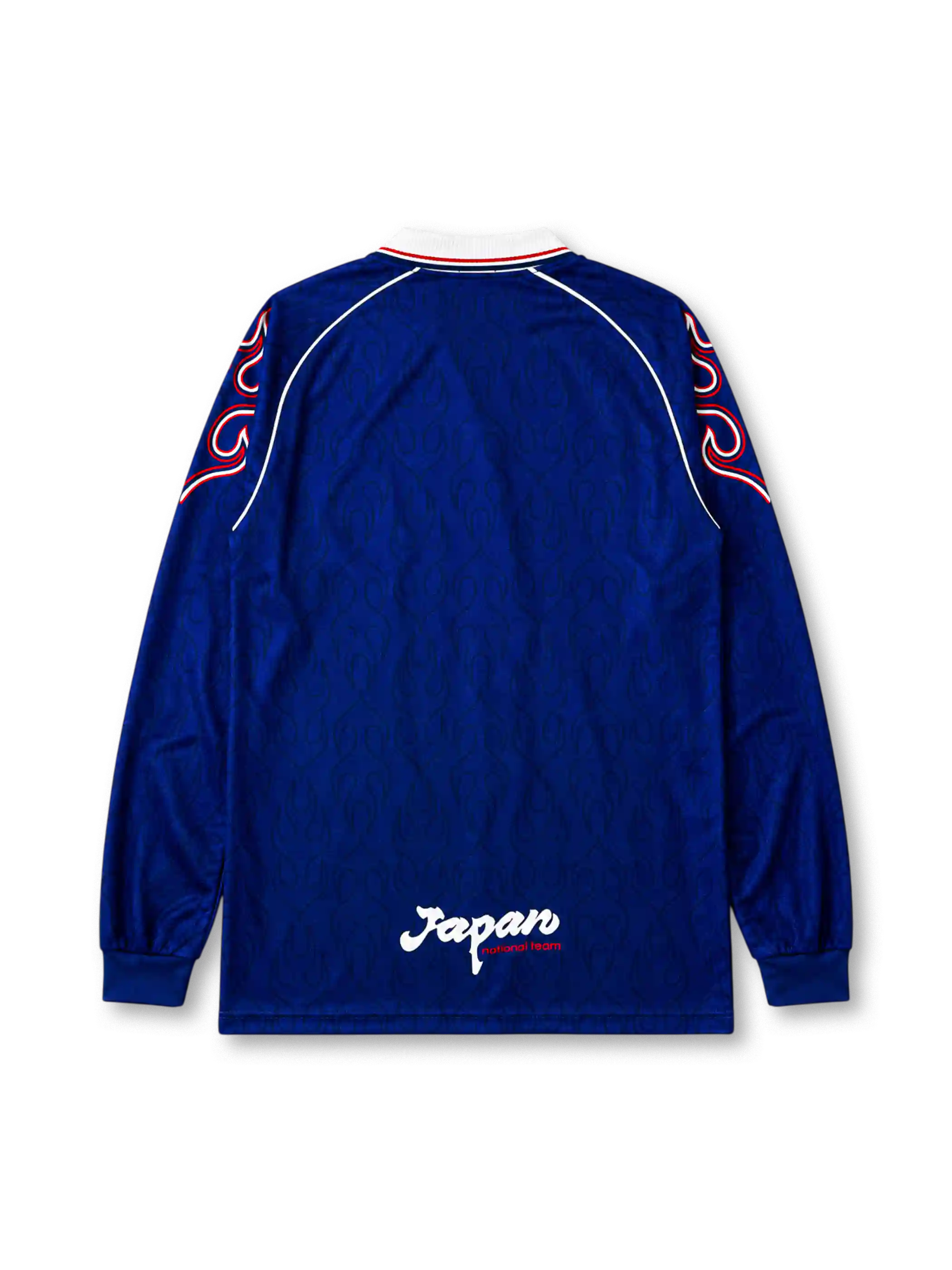 Japan 1998 World Cup home long sleeve jersey in blue with swirling red and white sleeve piping