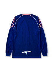 Japan 1998 World Cup home long sleeve jersey in blue with swirling red and white sleeve piping