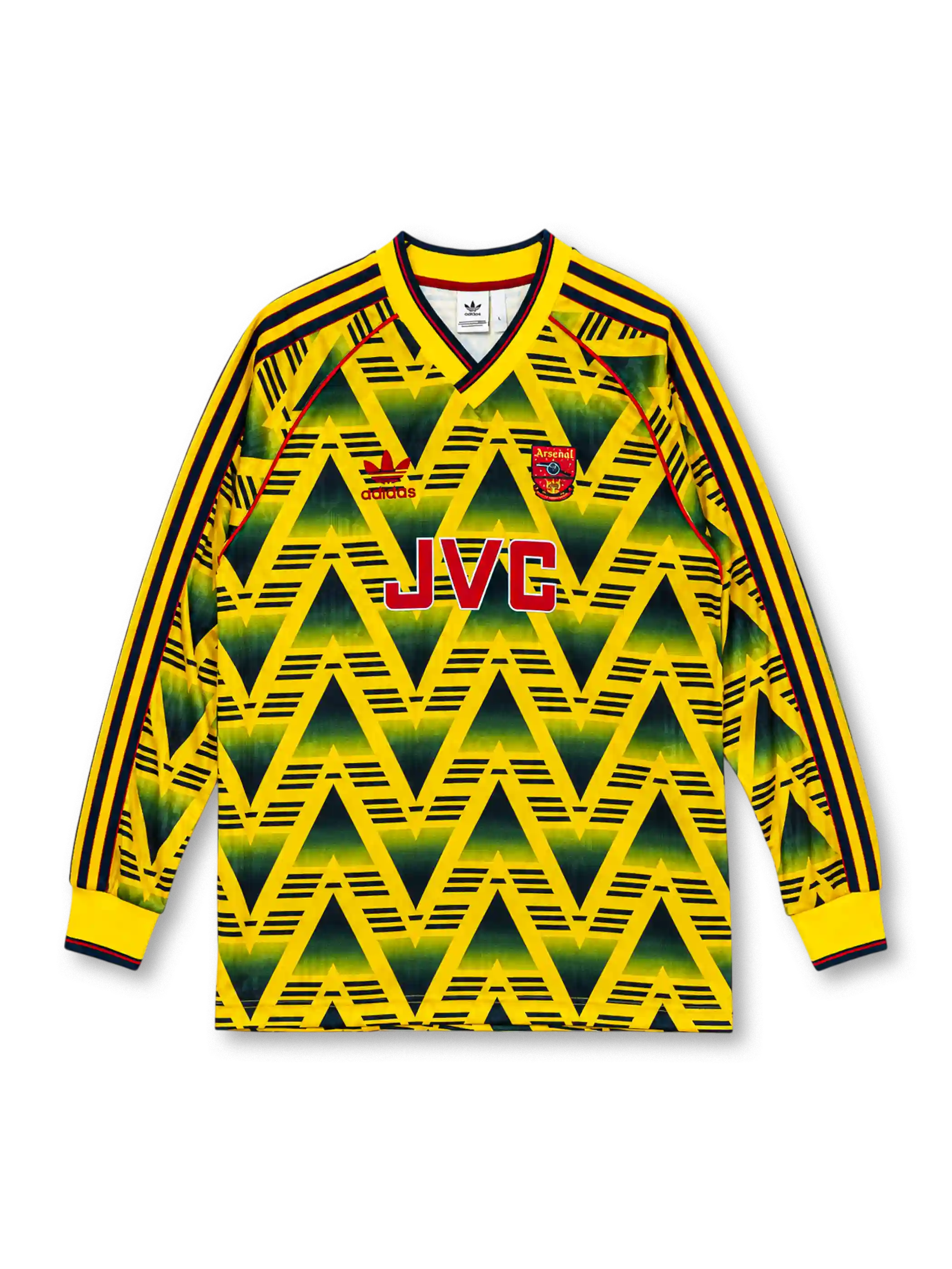 Arsenal 1991-93 away long sleeve jersey with iconic Bruised Banana zigzag print and JVC branding
