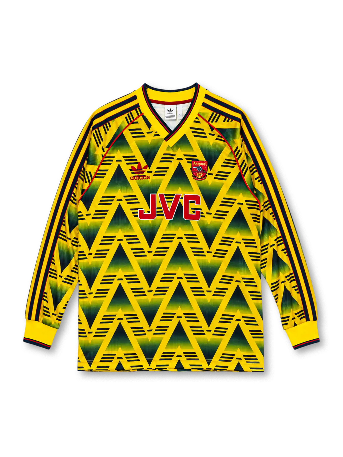 Arsenal 1991-93 away long sleeve jersey with iconic Bruised Banana zigzag print and JVC branding