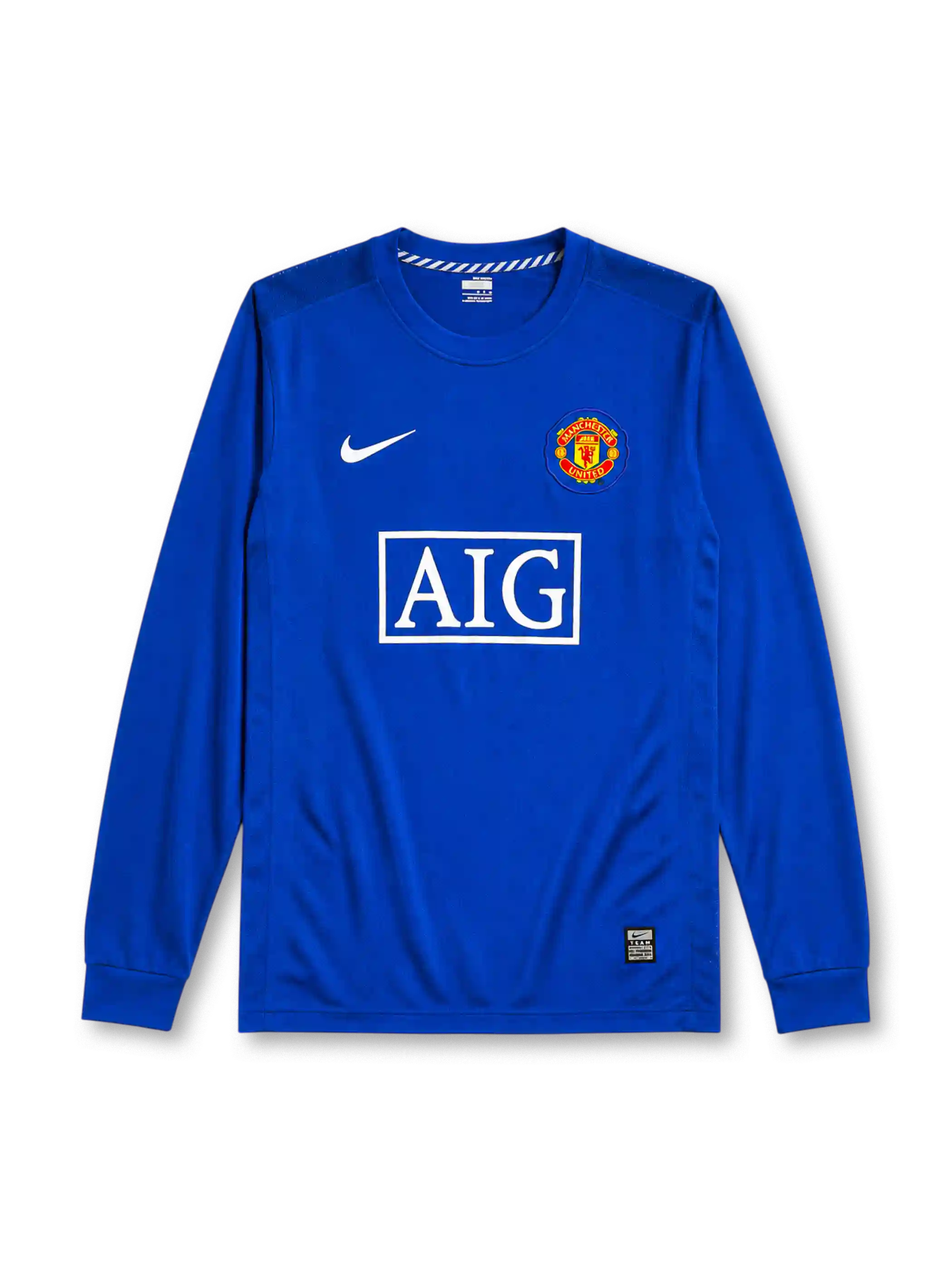 Manchester United 2008/09 third long sleeve jersey in royal blue with rounded crest and AIG sponsor branding