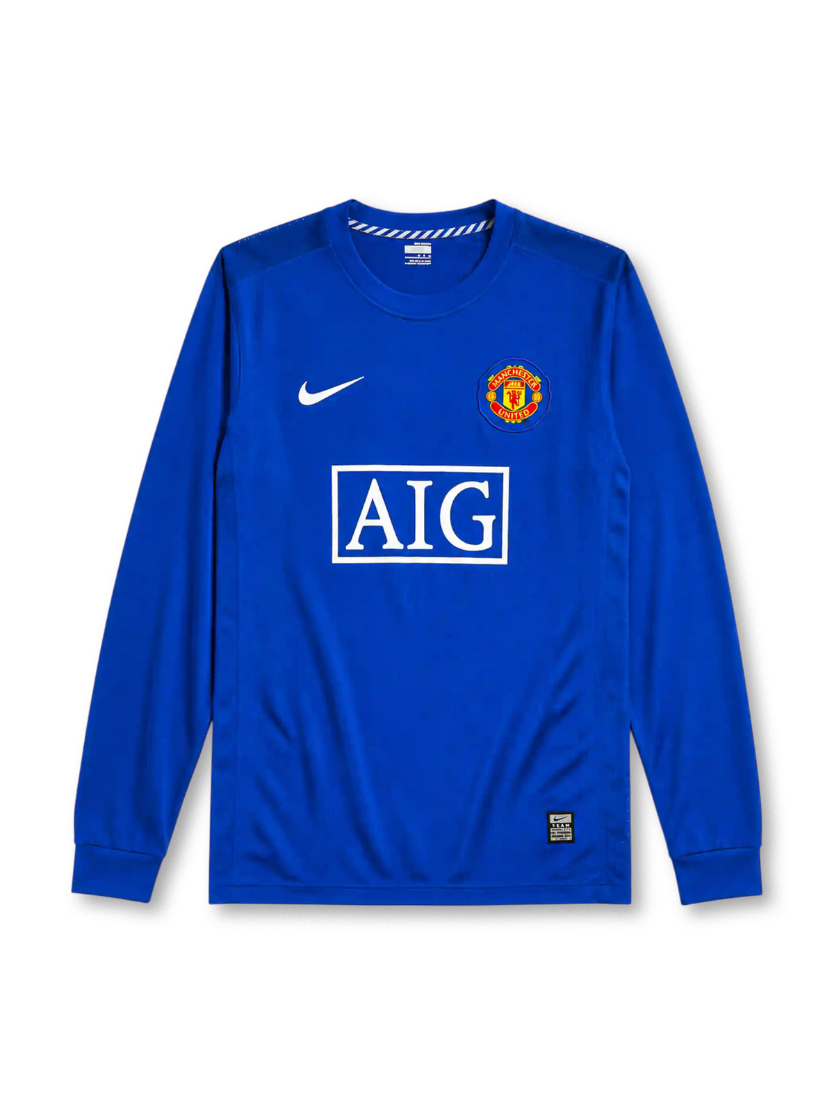 Manchester United 2008/09 third long sleeve jersey in royal blue with rounded crest and AIG sponsor branding