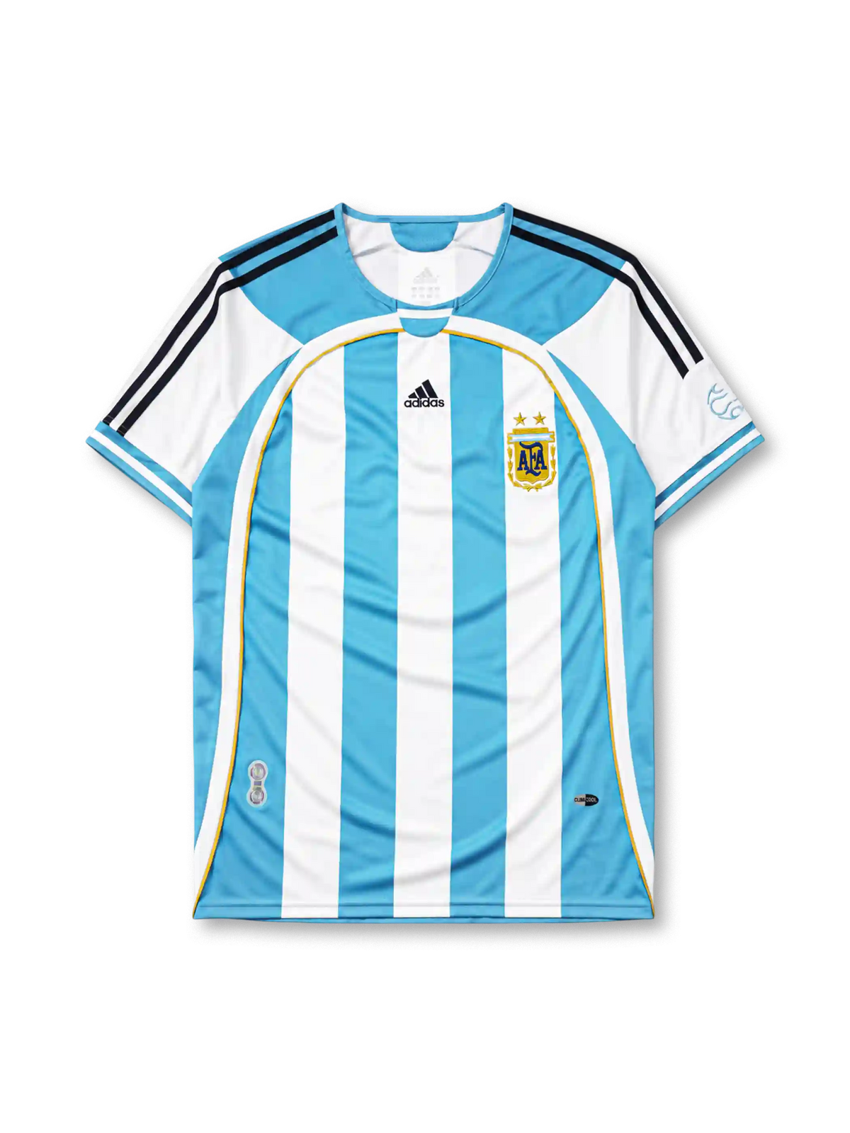 Argentina 2006 World Cup home jersey in sky blue and white stripes with gold piping and AFA crest