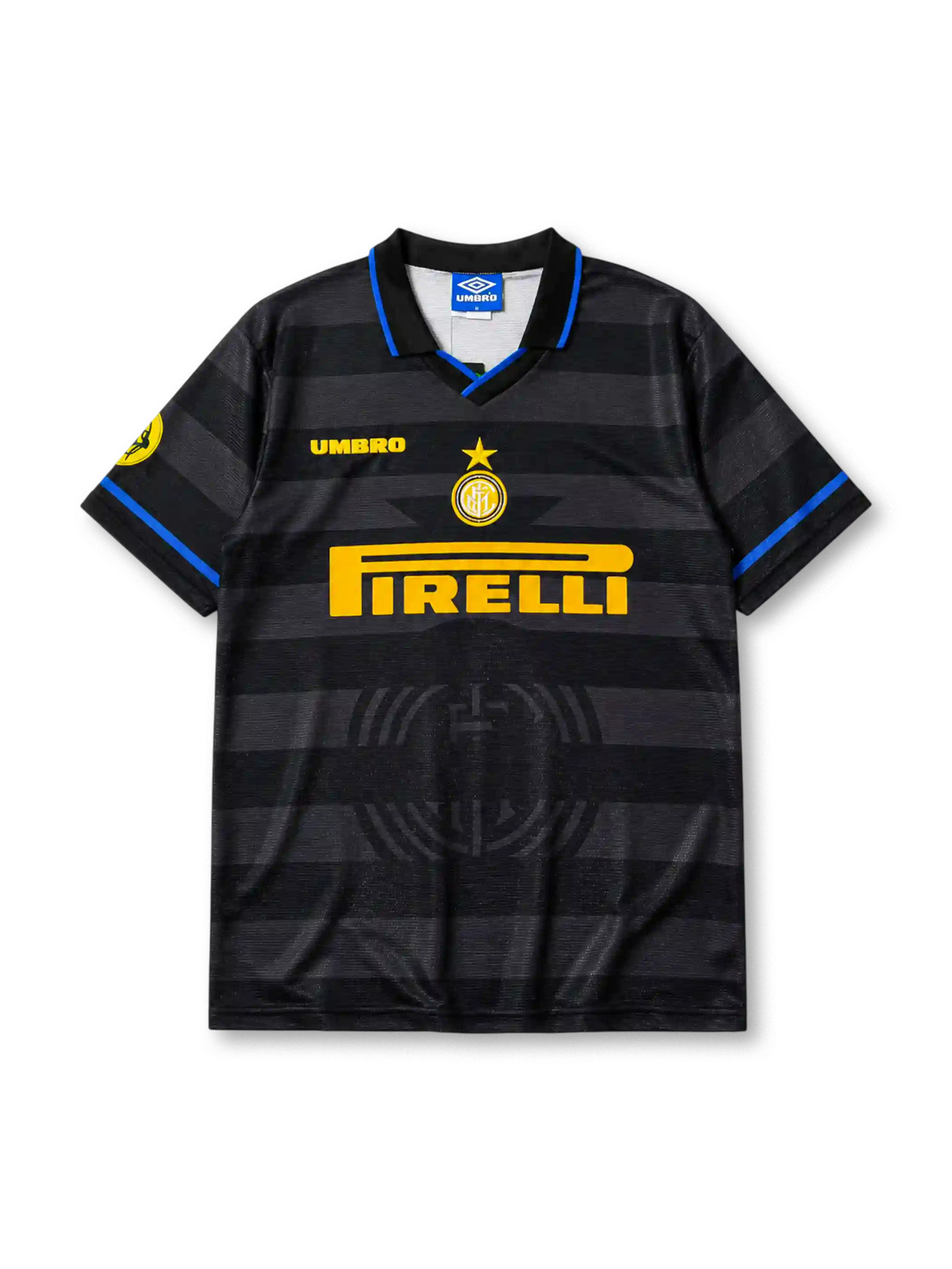 Inter Milan 1997/98 third jersey in all-black tonal hooped design with Pirelli sponsor branding