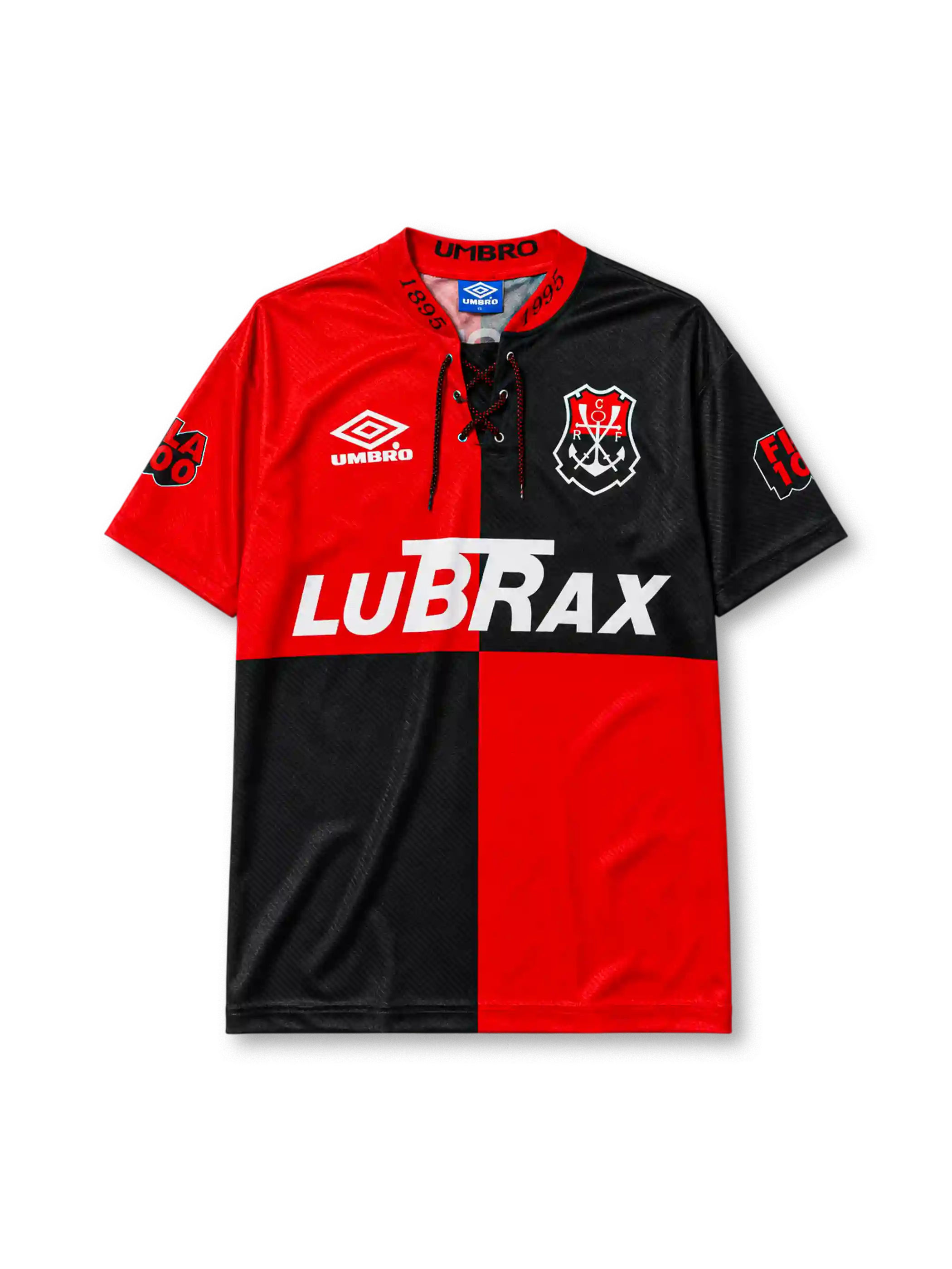 Flamengo 1995 centenary home jersey in quartered red and black with 1895-1995 collar print