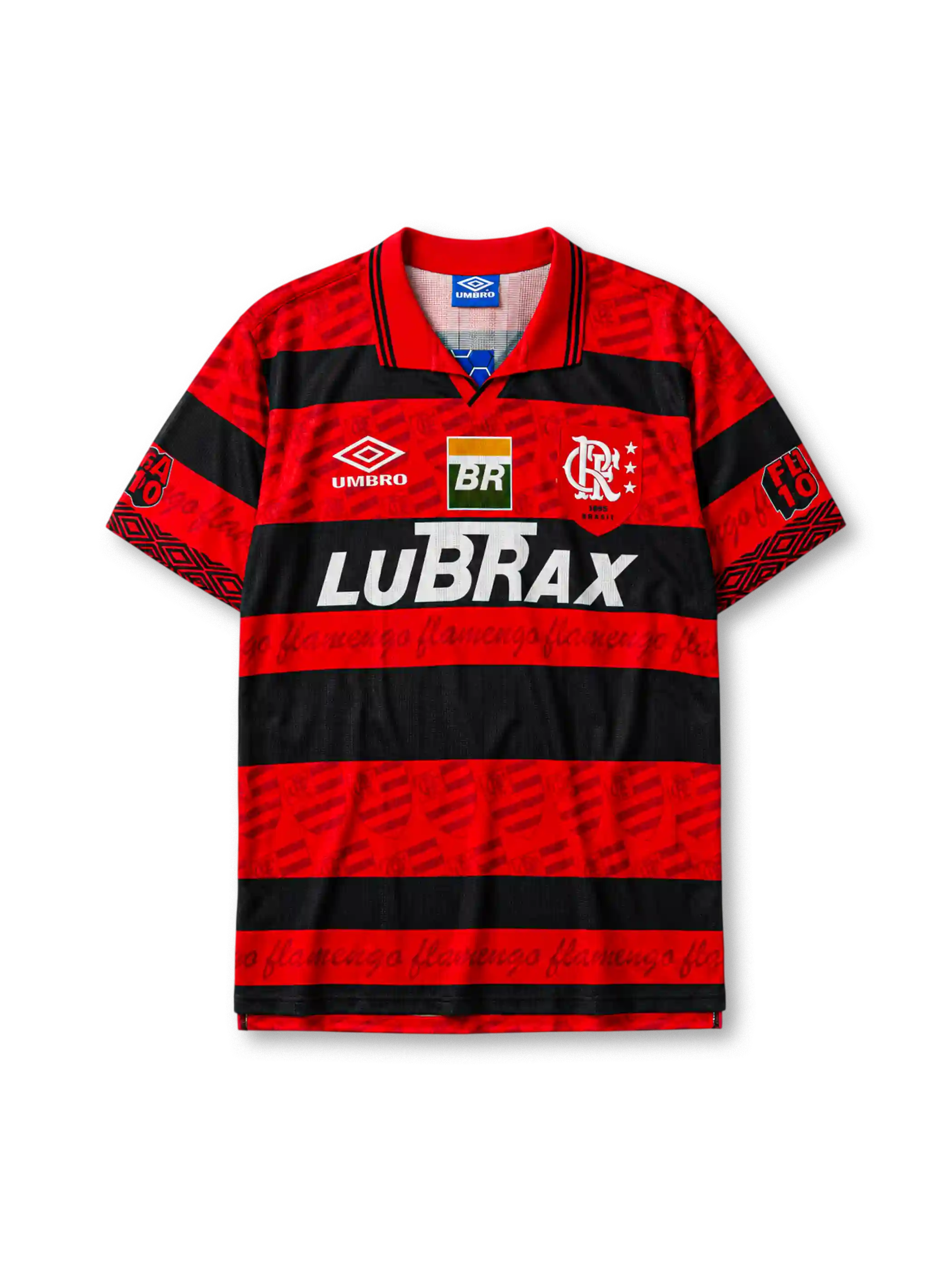 Flamengo 1995 home jersey in red and black stripes with repeated wordmark pattern and Lubrax branding