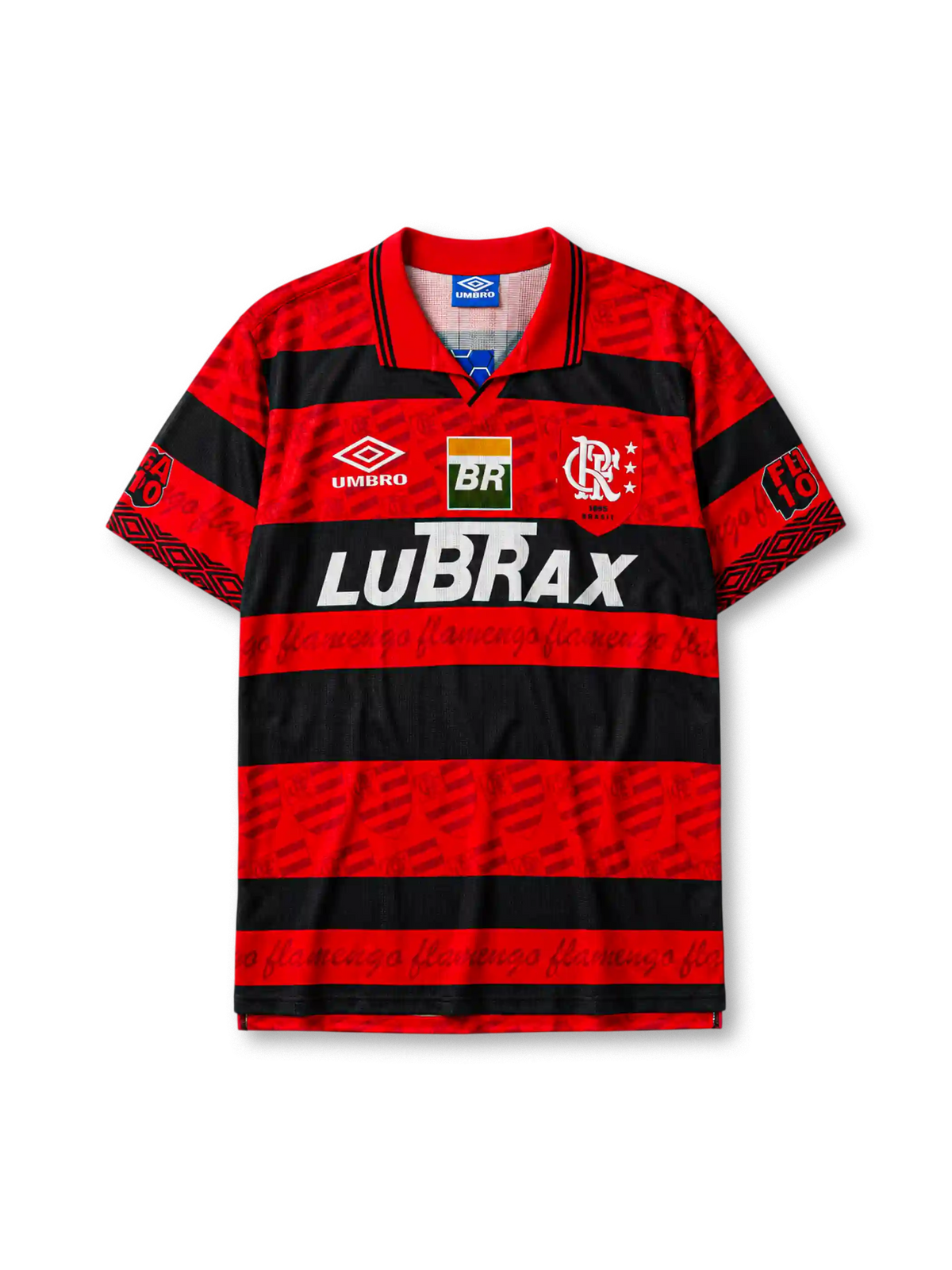 Flamengo 1995 home jersey in red and black stripes with repeated wordmark pattern and Lubrax branding