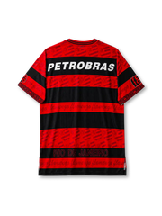 Flamengo 1995 home jersey in red and black stripes with repeated wordmark pattern and Lubrax branding