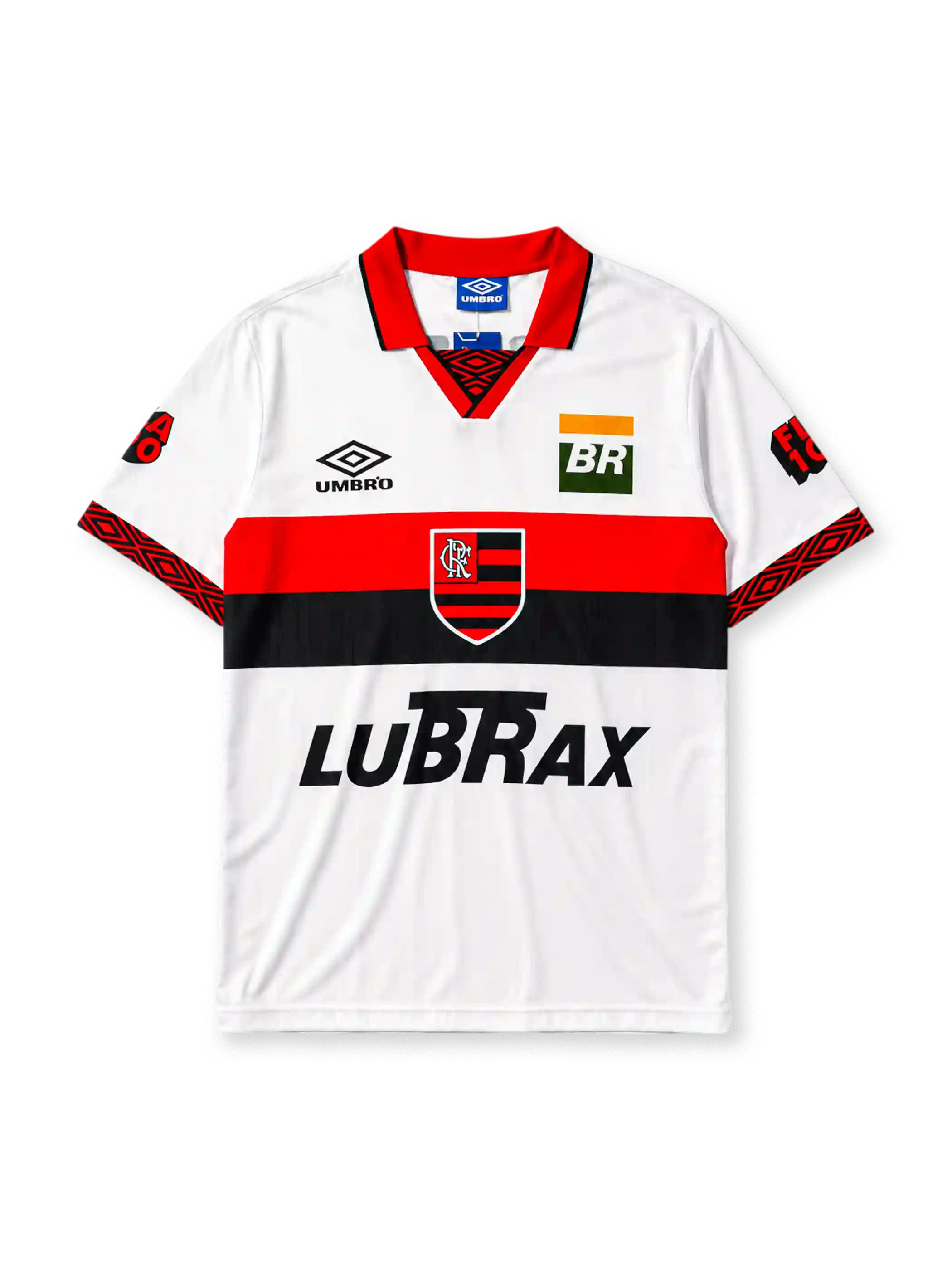 Flamengo 1995 away jersey in white with red and black chest band and Lubrax sponsor branding