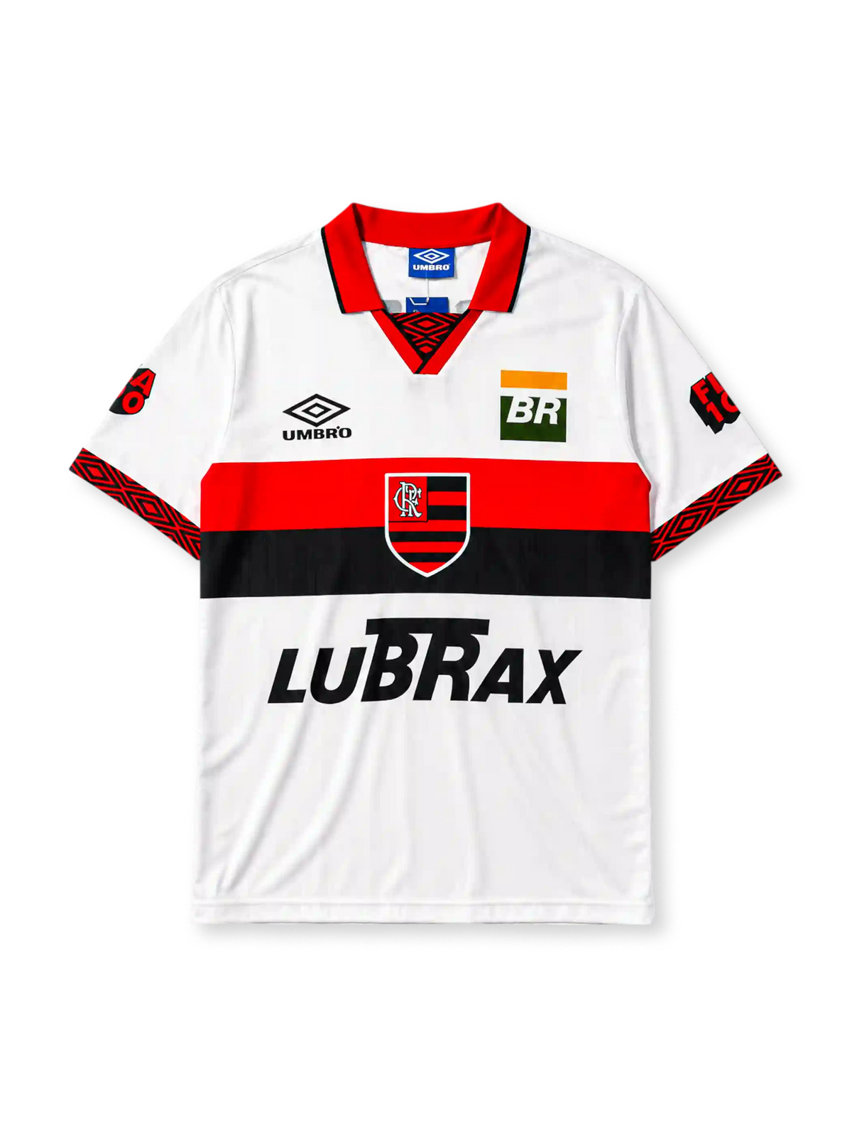 Flamengo 1995 away jersey in white with red and black chest band and Lubrax sponsor branding