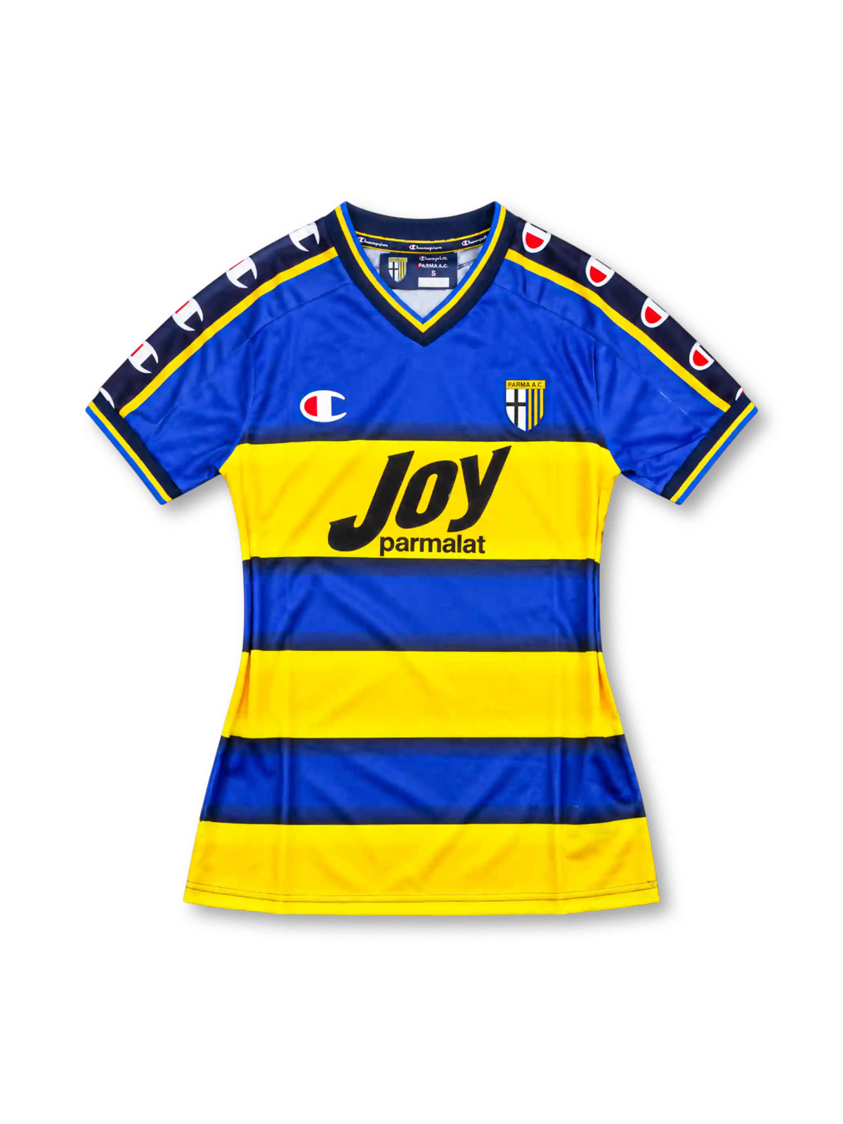 Parma 2001-02 home jersey, front view, blue and yellow horizontal hoops, navy V-neck, navy shoulder tape with Champion logos, Parma crest, black Joy Parmalat sponsor