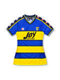 Parma 2001-02 home jersey, front view, blue and yellow horizontal hoops, navy V-neck, navy shoulder tape with Champion logos, Parma crest, black Joy Parmalat sponsor