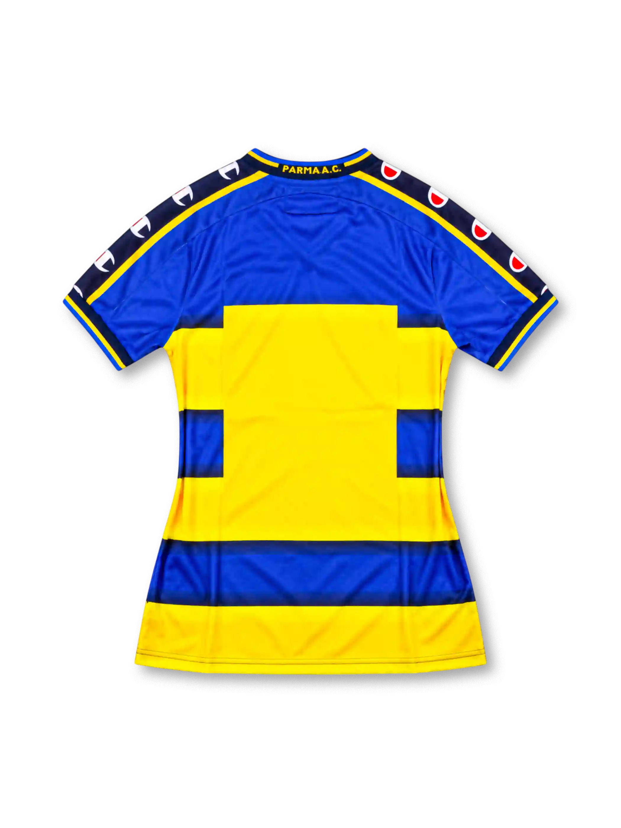 Parma 2001-02 home jersey, front view, blue and yellow horizontal hoops, navy V-neck, navy shoulder tape with Champion logos, Parma crest, black Joy Parmalat sponsor