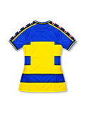 Parma 2001-02 home jersey, front view, blue and yellow horizontal hoops, navy V-neck, navy shoulder tape with Champion logos, Parma crest, black Joy Parmalat sponsor