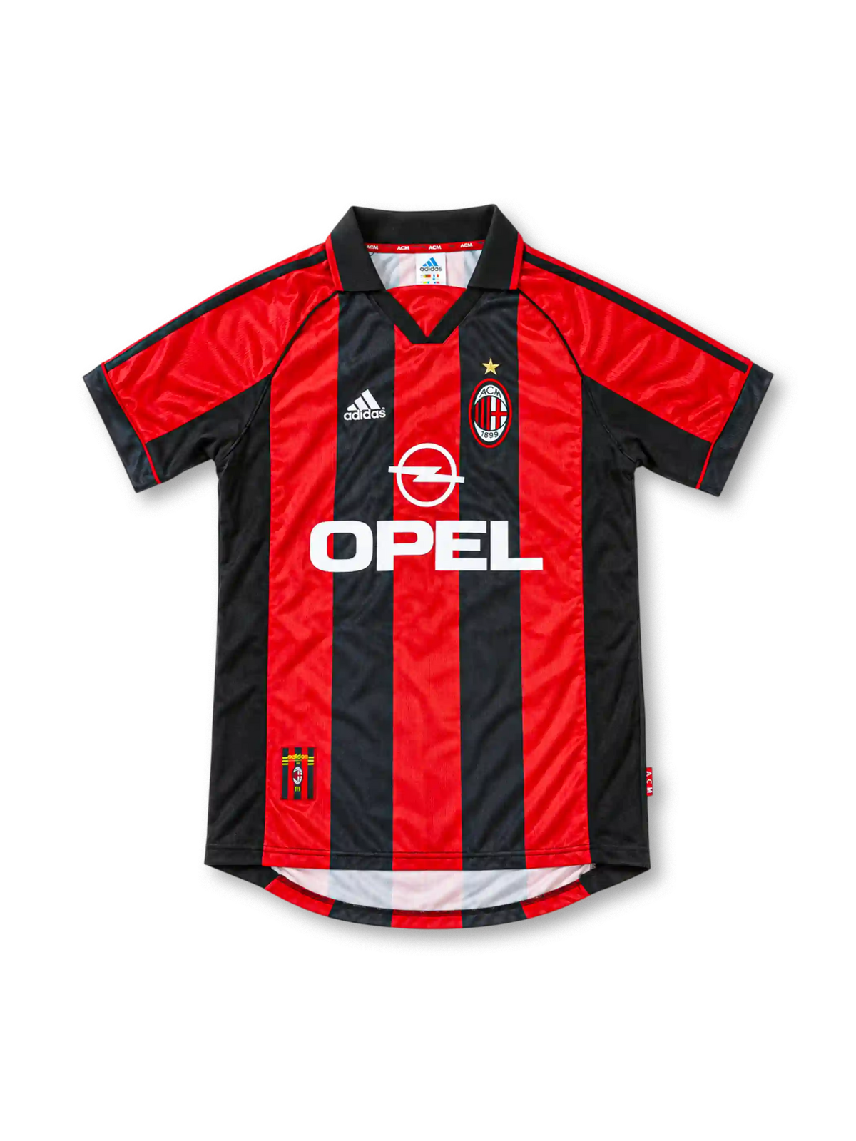 AC Milan 1998/00 home jersey featuring red and black vertical stripes, adidas logo, white Opel sponsor, and club crest, front view.