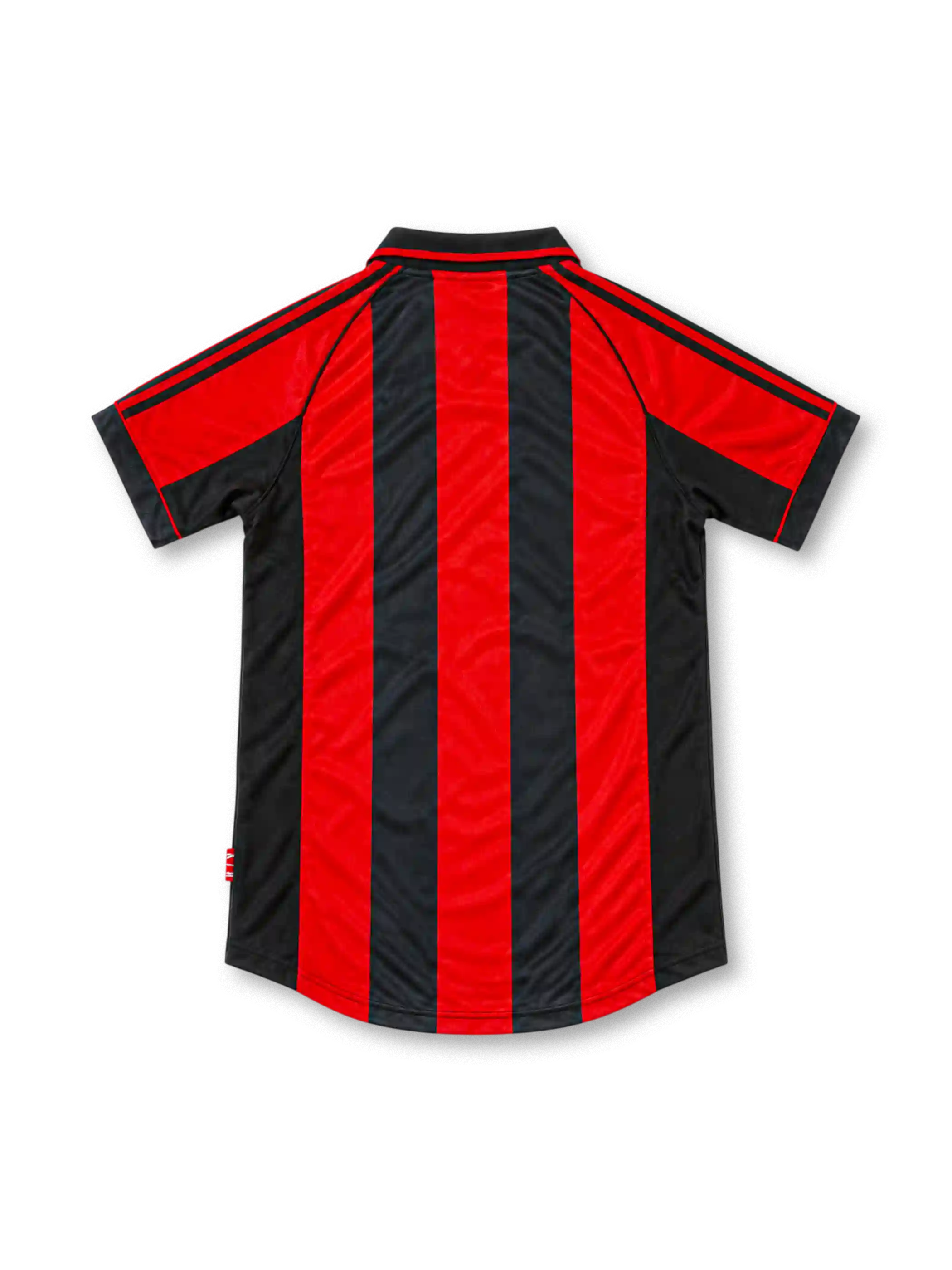 AC Milan 1998/00 home jersey featuring red and black vertical stripes, adidas logo, white Opel sponsor, and club crest, front view.