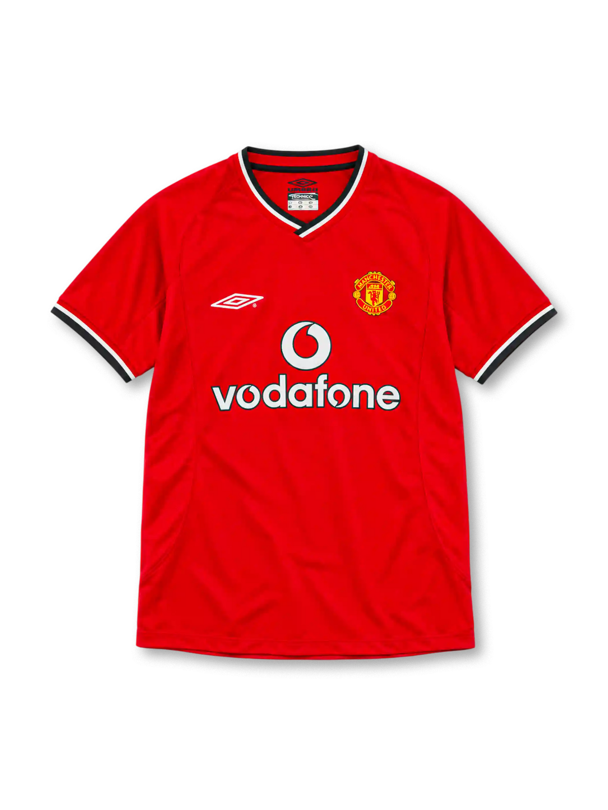 Manchester United 2000/02 red home jersey with Umbro logo, Vodafone sponsor, club crest, and black-and-white V-neck trim, front view.