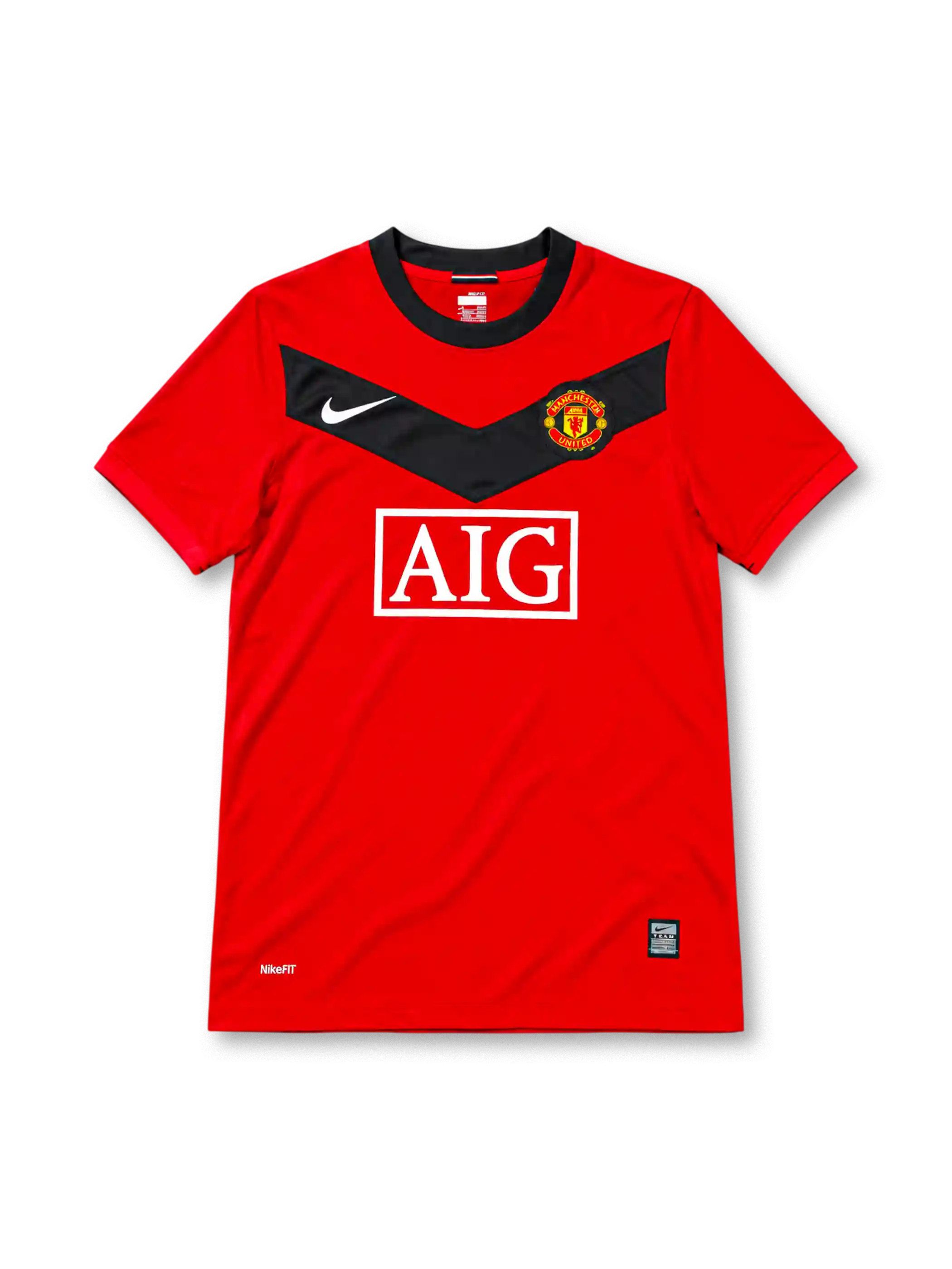 Manchester United 2009/10 red home jersey featuring a black chest chevron, white Nike logo, AIG sponsor, and club crest, front view.