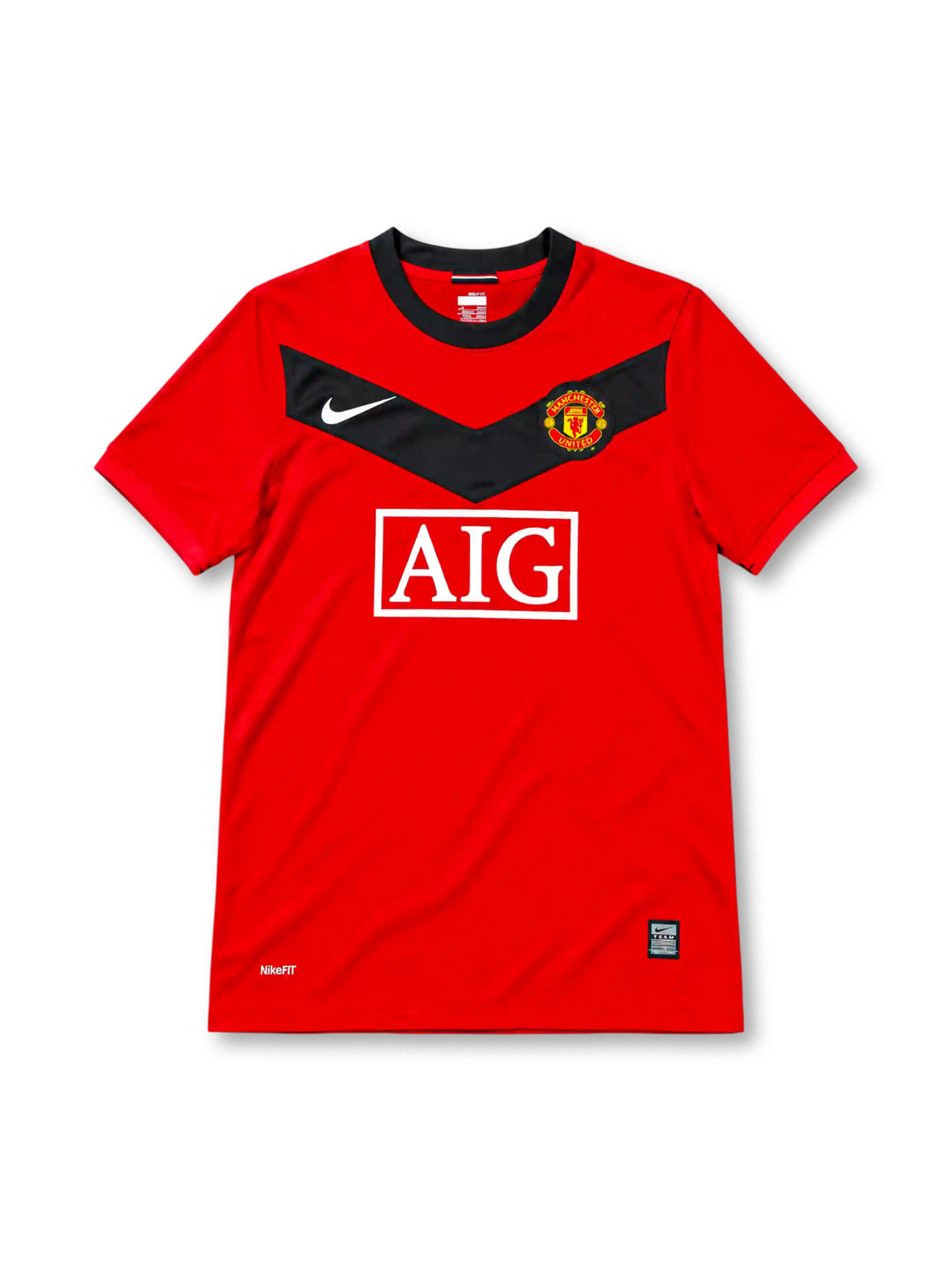 Manchester United 2009/10 red home jersey featuring a black chest chevron, white Nike logo, AIG sponsor, and club crest, front view.