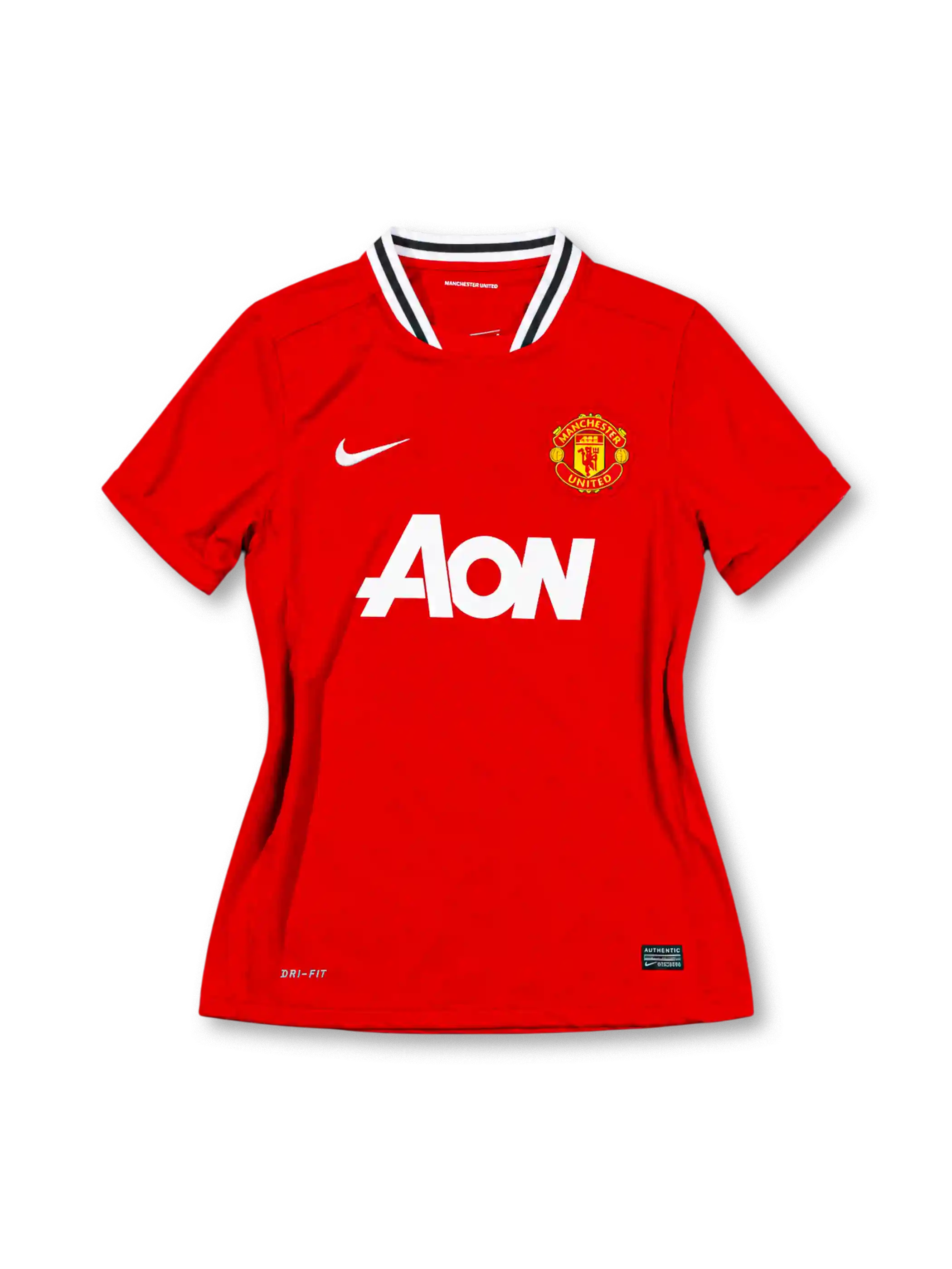 Manchester United 2011/12 red home jersey featuring Nike Swoosh, white Aon sponsor, club crest, and black-and-white striped collar, front view.