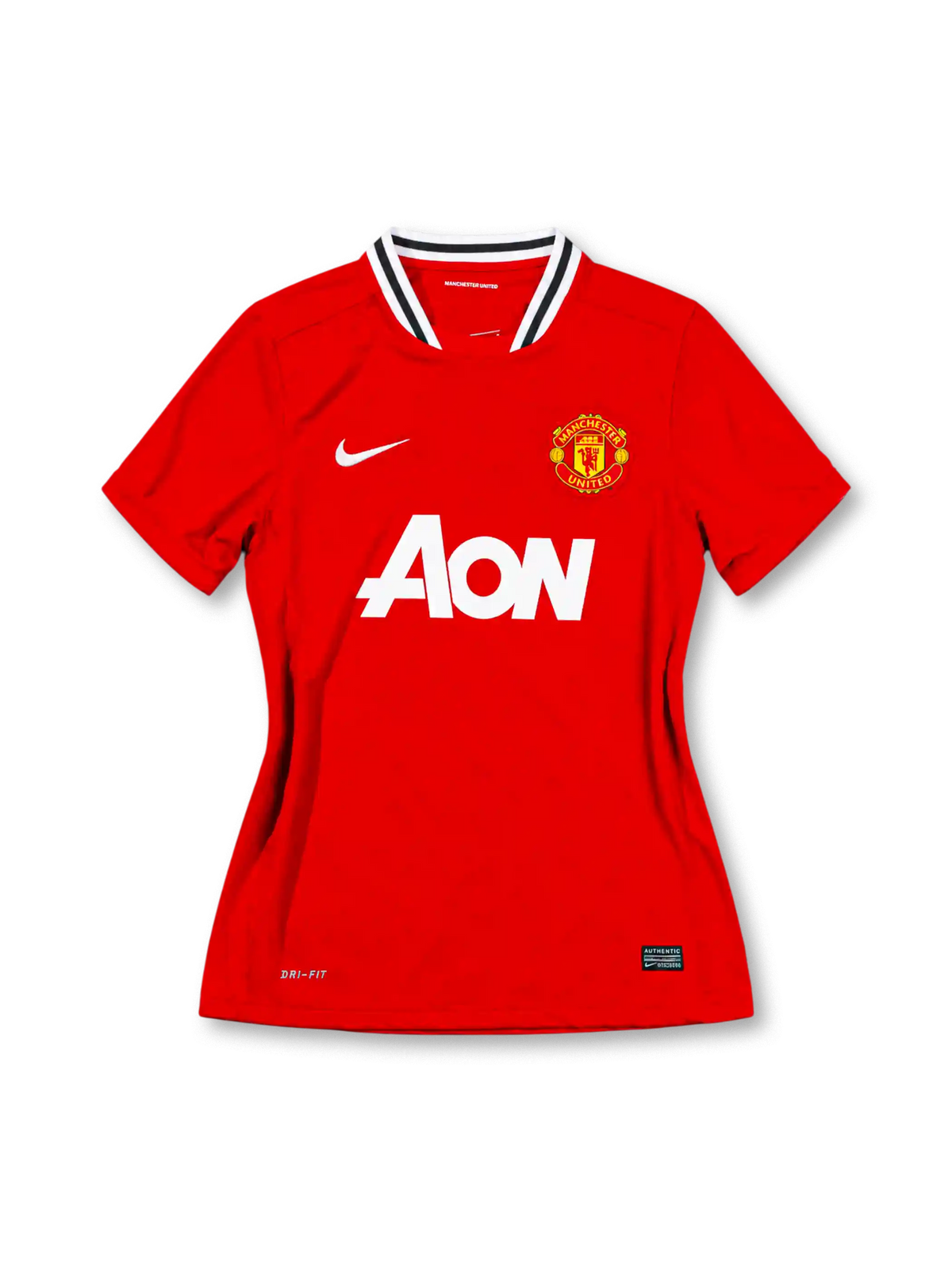 Manchester United 2011/12 red home jersey featuring Nike Swoosh, white Aon sponsor, club crest, and black-and-white striped collar, front view.