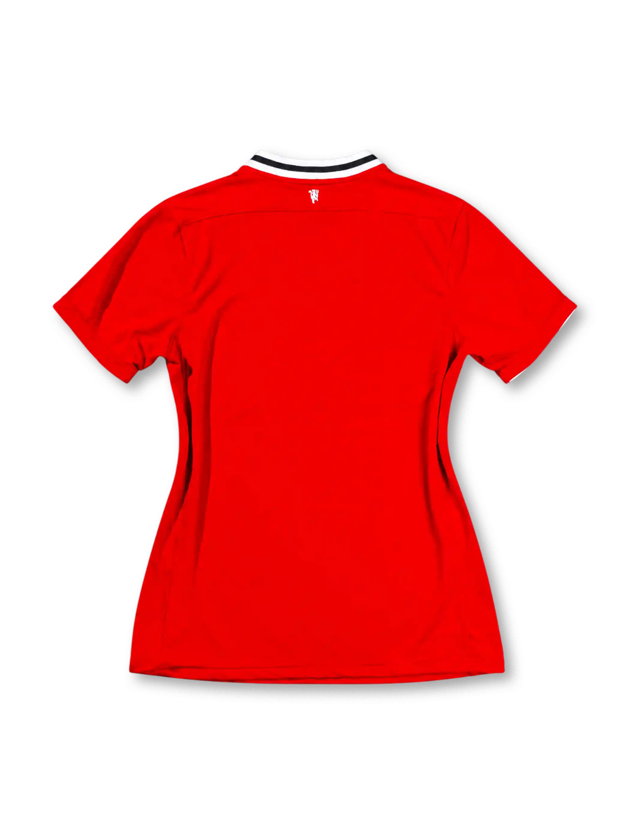 Manchester United 2011/12 red home jersey featuring Nike Swoosh, white Aon sponsor, club crest, and black-and-white striped collar, front view.