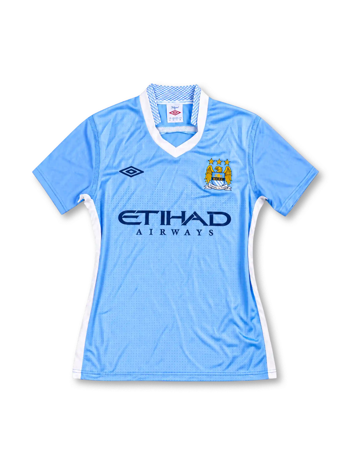 Manchester City 2011/12 sky-blue home jersey with white V-neck collar, Umbro logo, Etihad Airways sponsor, and club crest, front view.