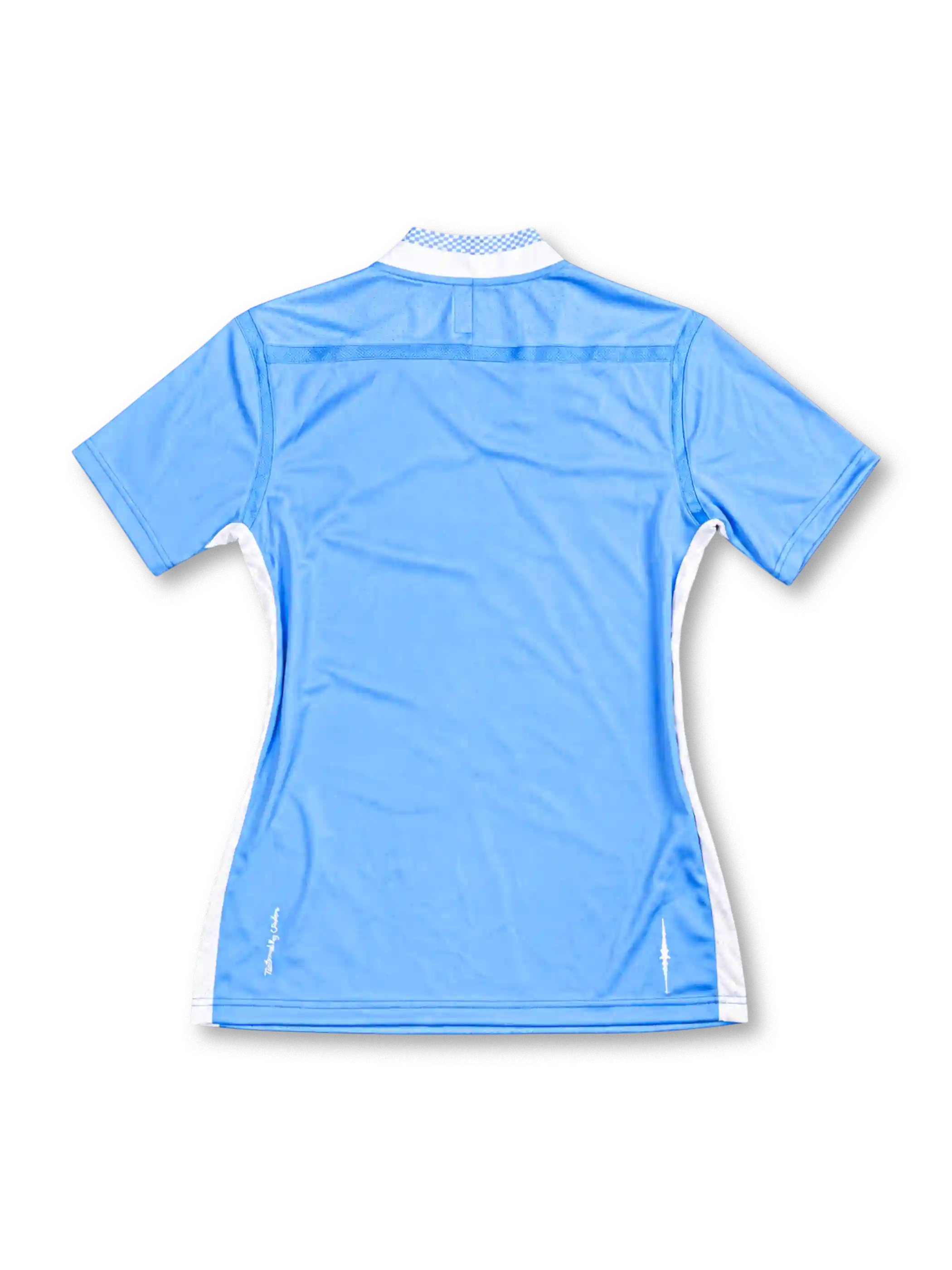 Manchester City 2011/12 sky-blue home jersey with white V-neck collar, Umbro logo, Etihad Airways sponsor, and club crest, front view.