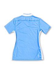 Manchester City 2011/12 sky-blue home jersey with white V-neck collar, Umbro logo, Etihad Airways sponsor, and club crest, front view.