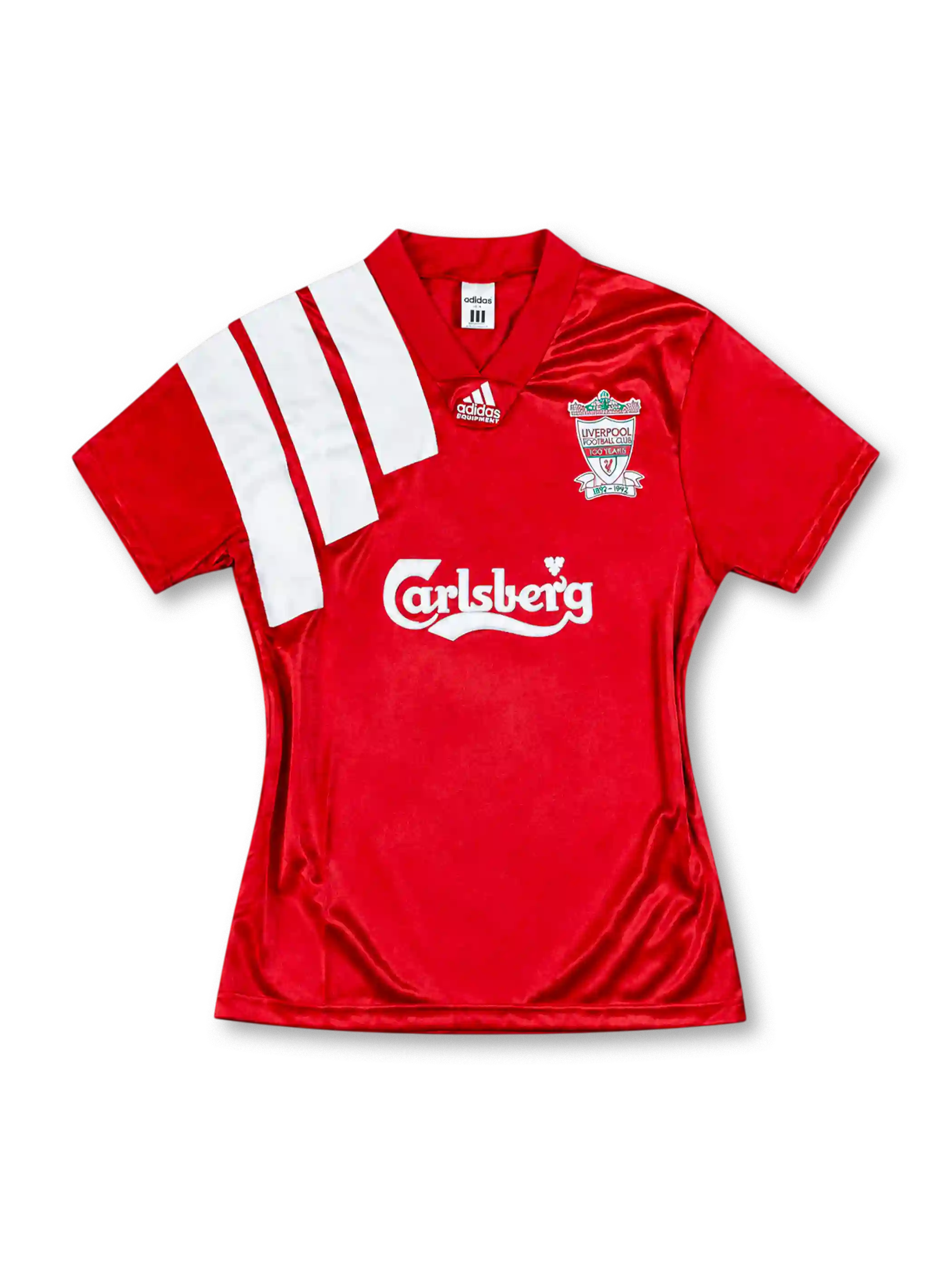 Liverpool 1992/93 red home jersey featuring three white adidas Equipment shoulder stripes, Carlsberg sponsor, and centenary club crest, front view.