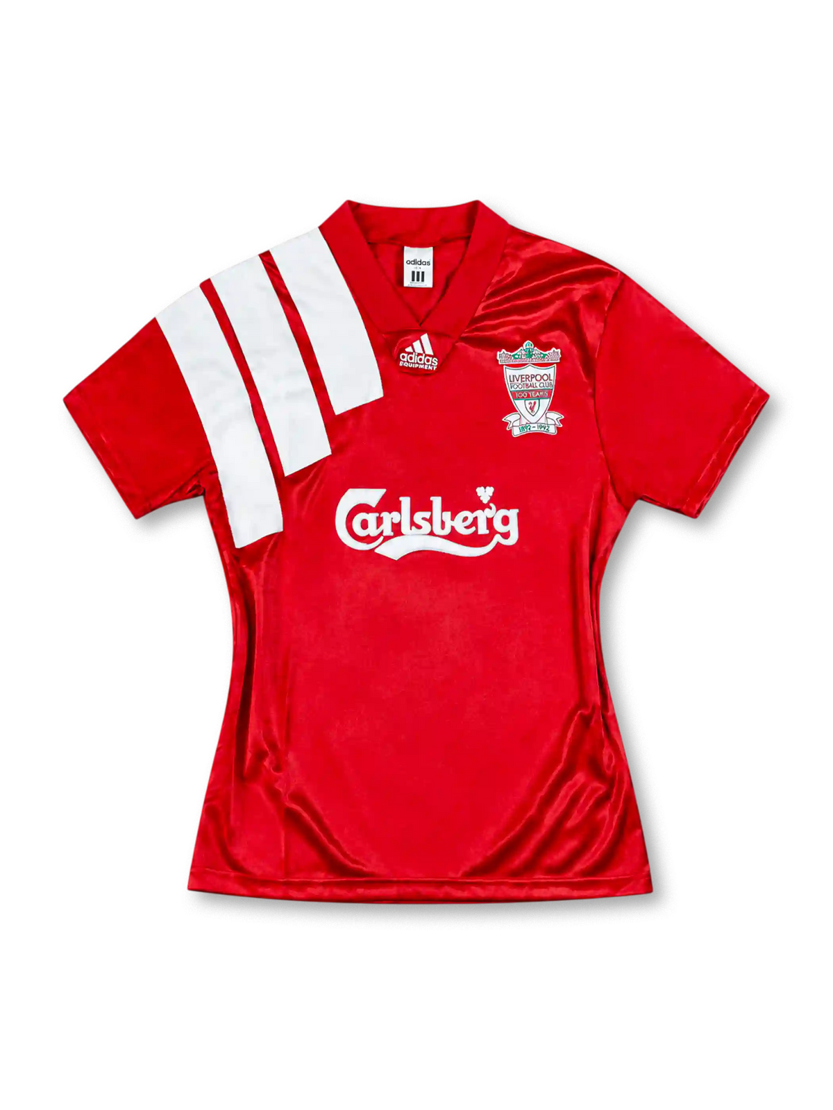 Liverpool 1992/93 red home jersey featuring three white adidas Equipment shoulder stripes, Carlsberg sponsor, and centenary club crest, front view.