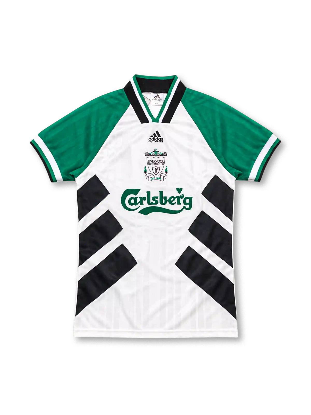 Liverpool 1993/95 away jersey featuring a white body, green sleeves, black diagonal panels, adidas Equipment logo, club crest, and green Carlsberg sponsor.