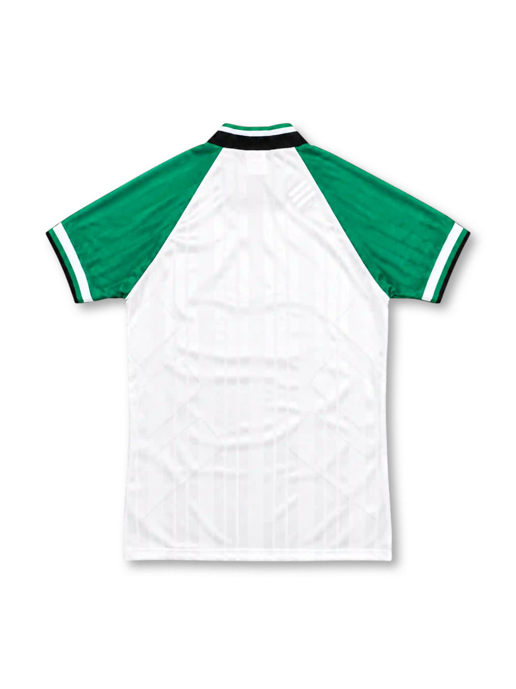Liverpool 1993/95 away jersey featuring a white body, green sleeves, black diagonal panels, adidas Equipment logo, club crest, and green Carlsberg sponsor.