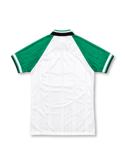 Liverpool 1993/95 away jersey featuring a white body, green sleeves, black diagonal panels, adidas Equipment logo, club crest, and green Carlsberg sponsor.