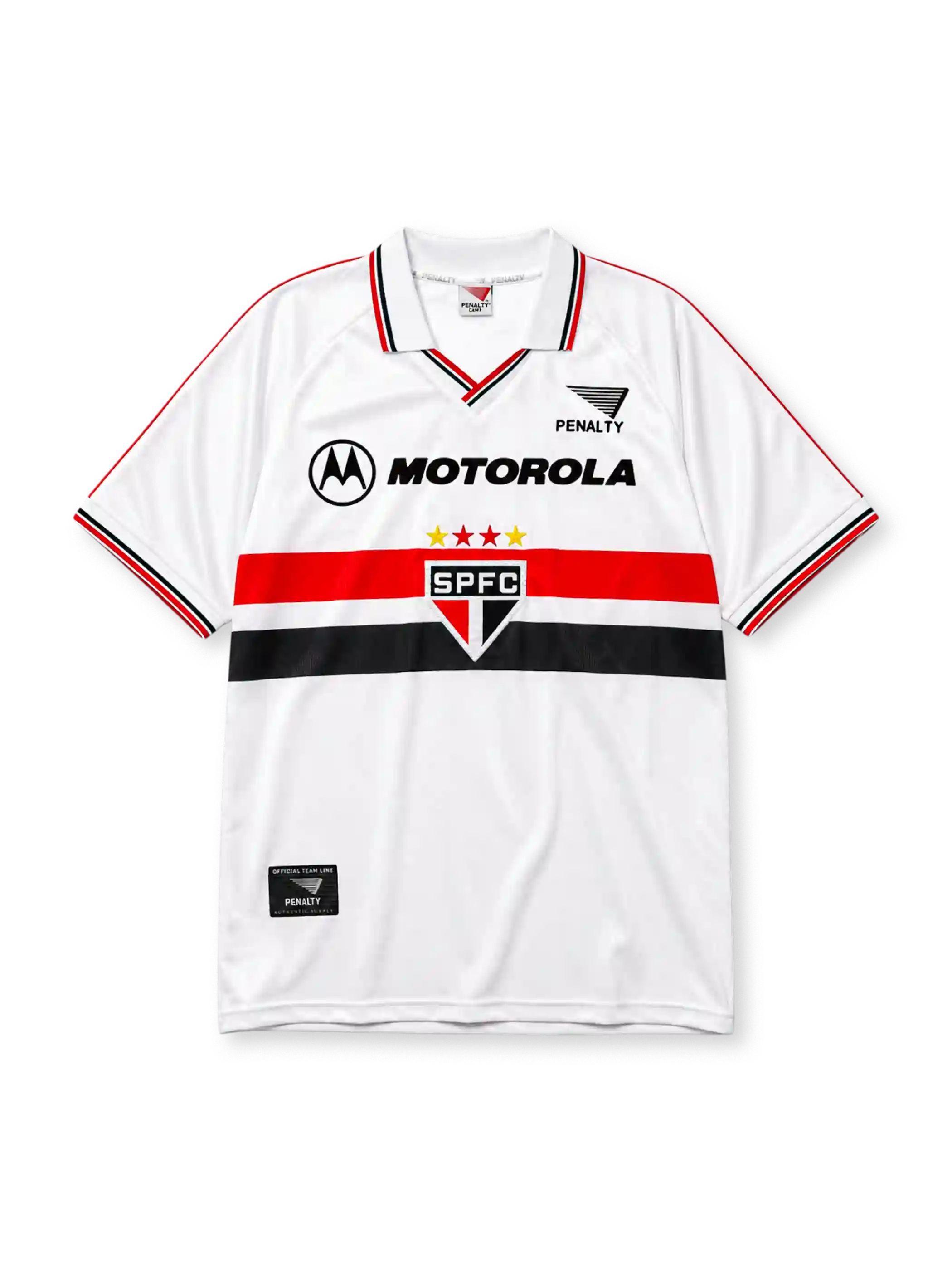 Sao Paulo FC 2000 home jersey in white with red and black chest band and Motorola sponsor branding