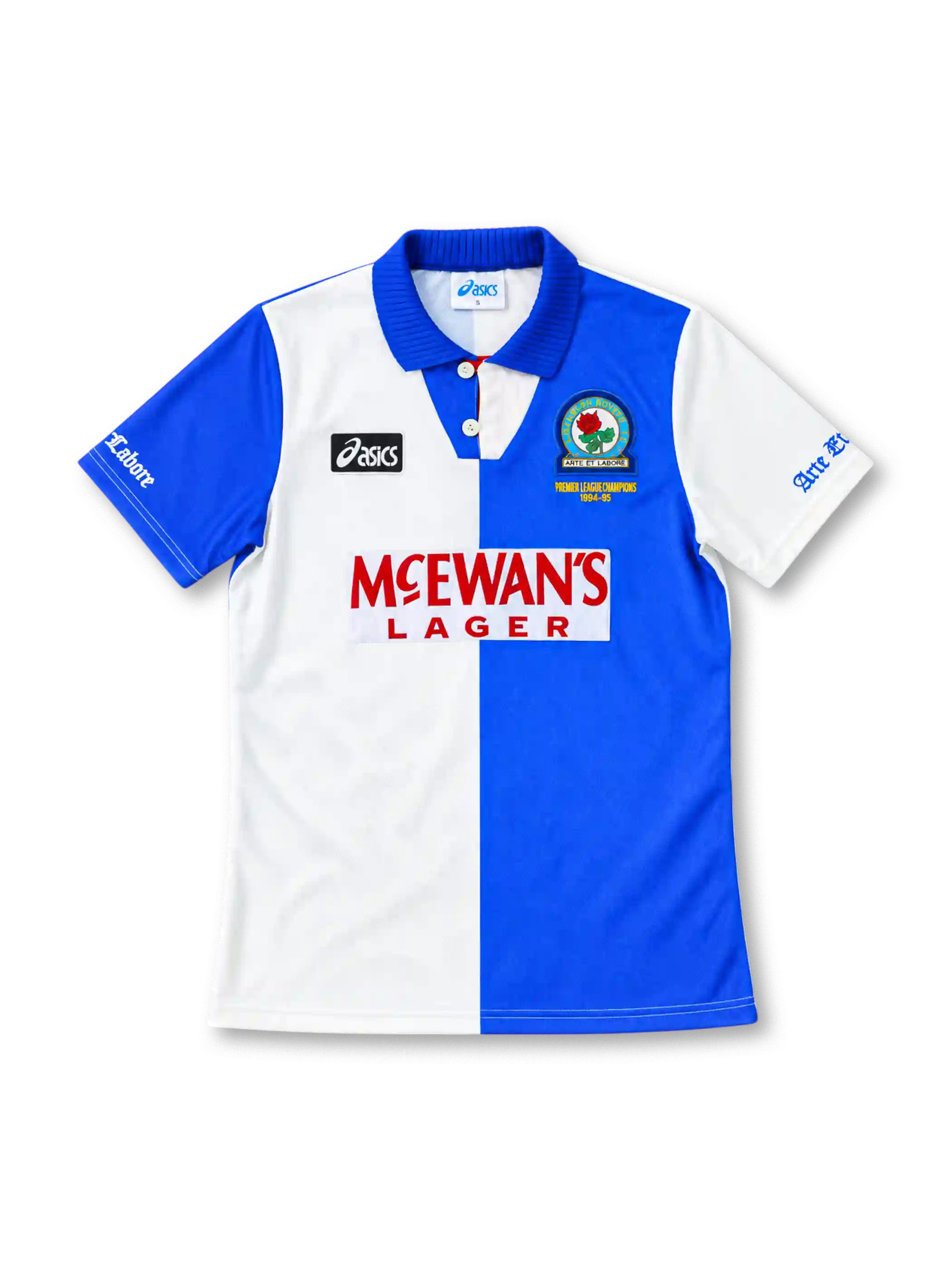 Blackburn Rovers 1994/96 blue-and-white halved home jersey with ASICS branding, McEwan's Lager sponsor, and championship commemorative crest, front view.