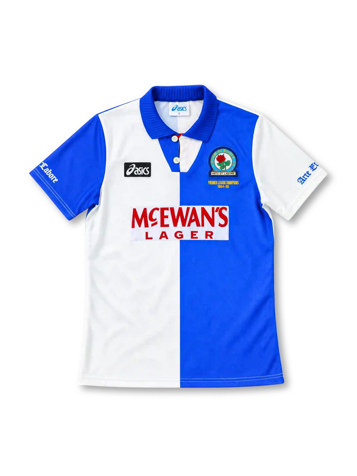 Blackburn Rovers 1994/96 blue-and-white halved home jersey with ASICS branding, McEwan's Lager sponsor, and championship commemorative crest, front view.