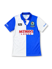 Blackburn Rovers 1994/96 blue-and-white halved home jersey with ASICS branding, McEwan's Lager sponsor, and championship commemorative crest, front view.