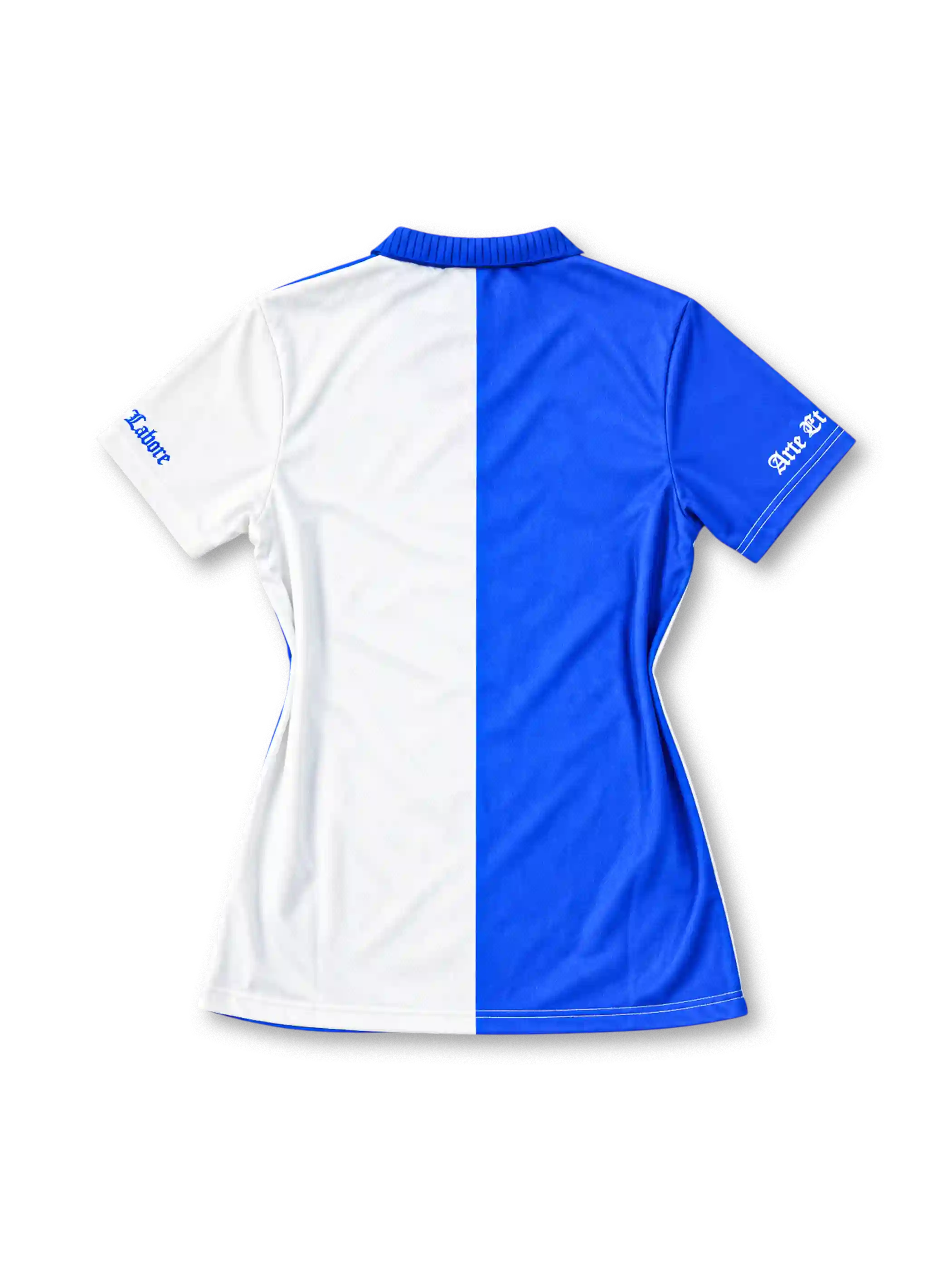 Blackburn Rovers 1994/96 blue-and-white halved home jersey with ASICS branding, McEwan's Lager sponsor, and championship commemorative crest, front view.