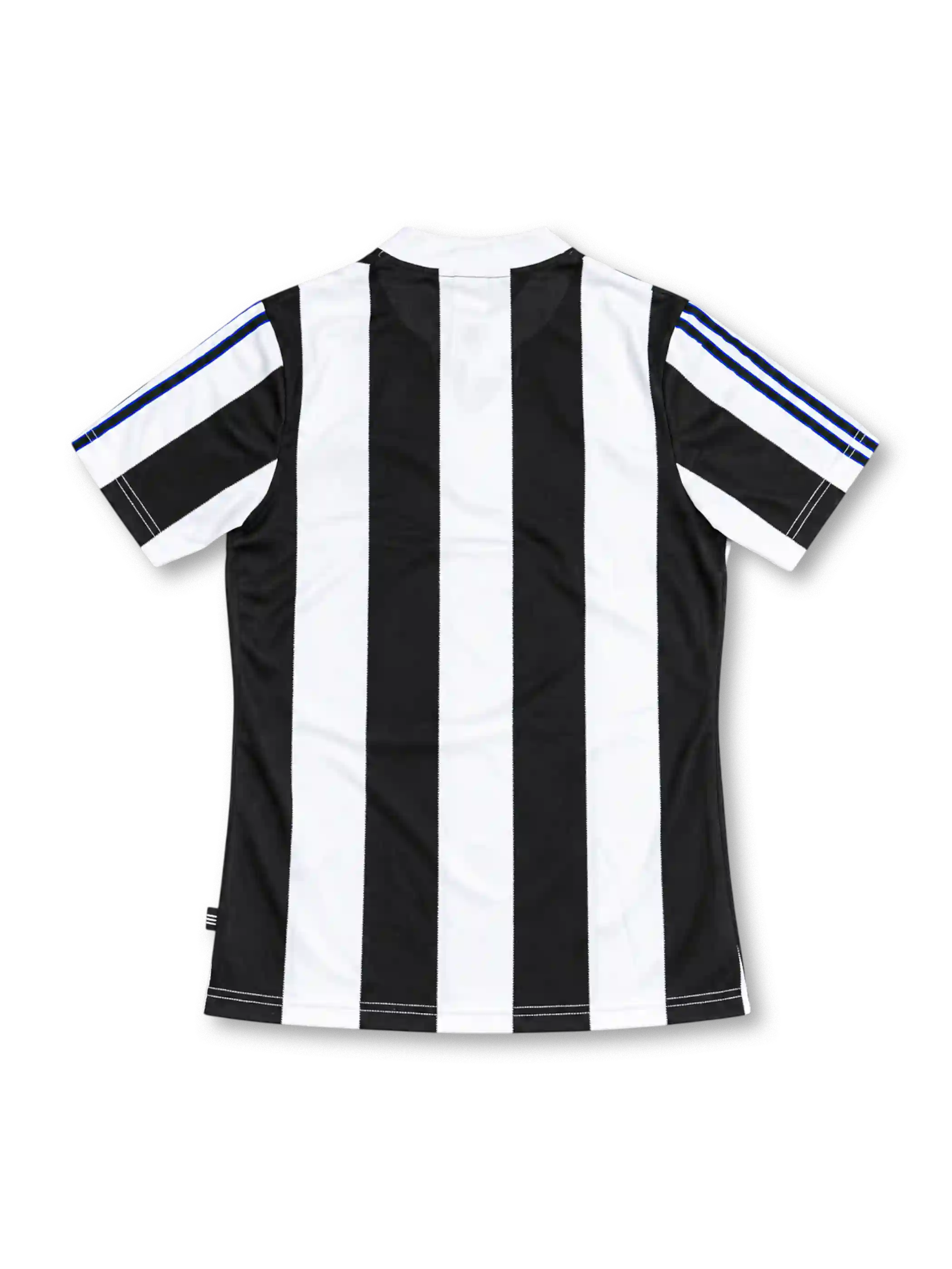 Newcastle United 1995/97 black-and-white striped home jersey with adidas logo, buttoned white collar, club crest, and Newcastle Brown Ale sponsor, front view.