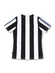 Newcastle United 1995/97 black-and-white striped home jersey with adidas logo, buttoned white collar, club crest, and Newcastle Brown Ale sponsor, front view.