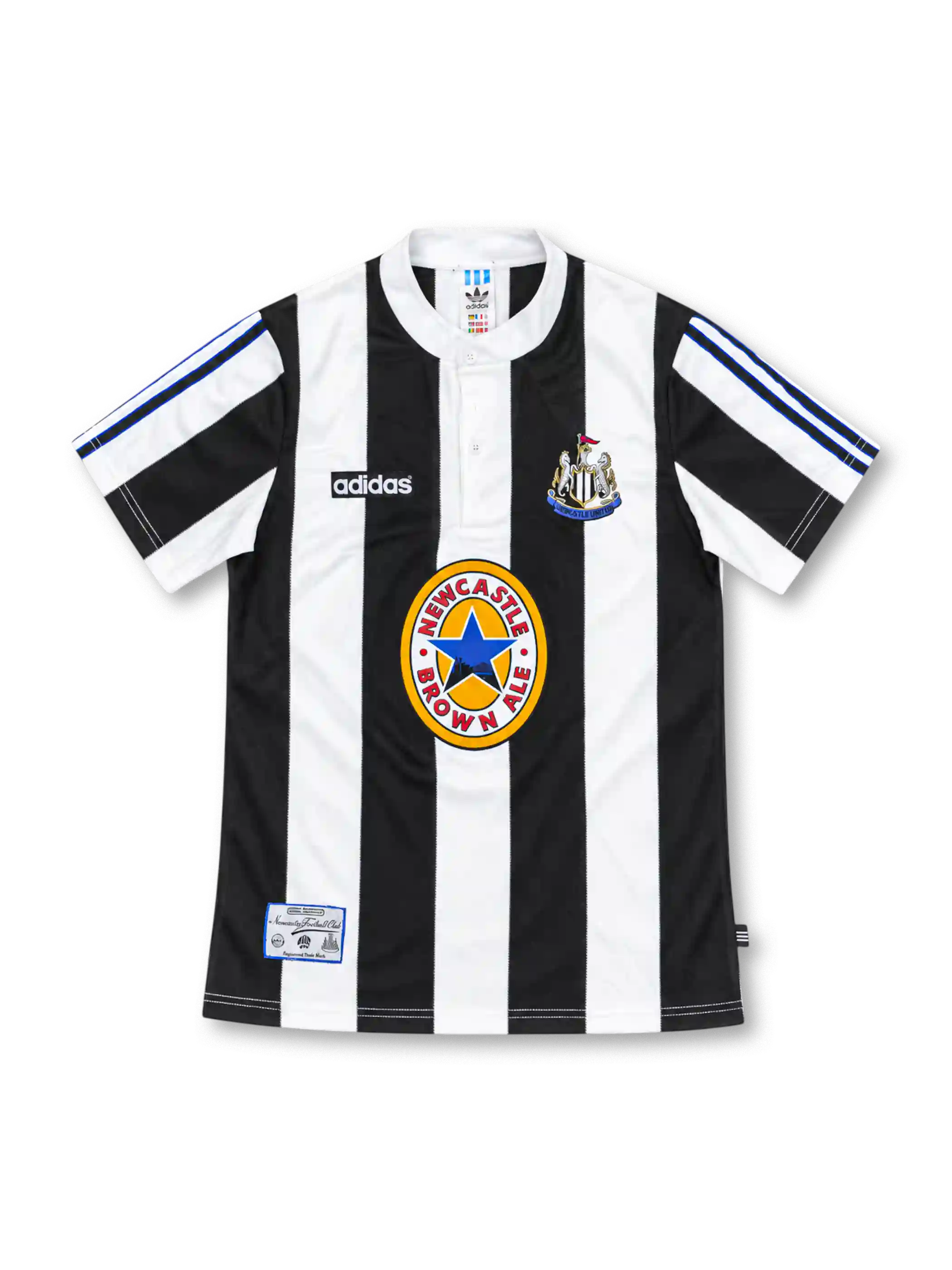 Newcastle United 1995/97 black-and-white striped home jersey with adidas logo, buttoned white collar, club crest, and Newcastle Brown Ale sponsor, front view.