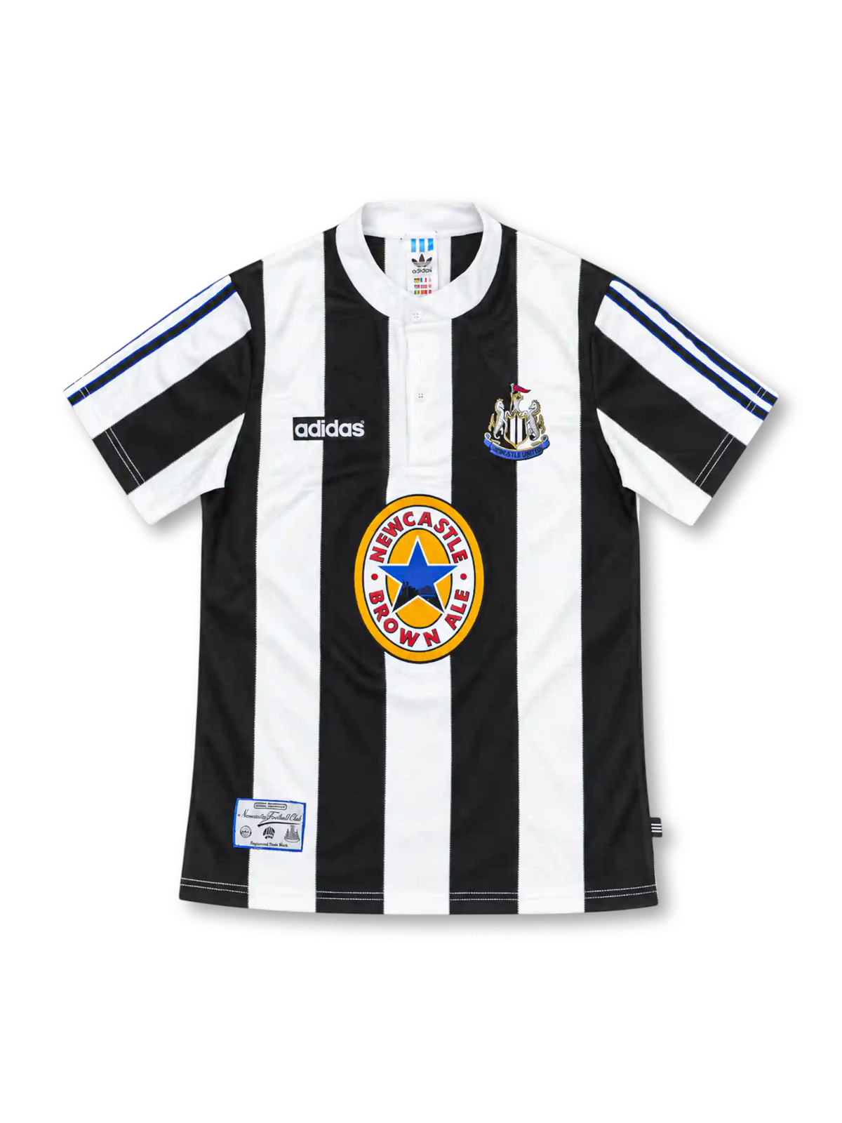 Newcastle United 1995/97 black-and-white striped home jersey with adidas logo, buttoned white collar, club crest, and Newcastle Brown Ale sponsor, front view.