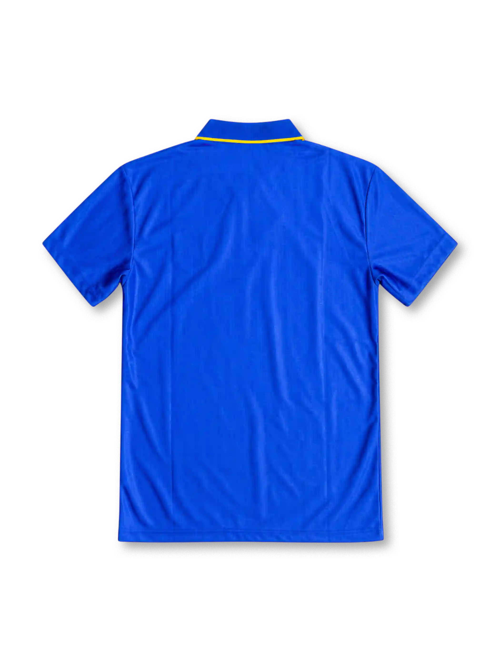 Chelsea 1995/97 royal-blue home jersey featuring a yellow Umbro logo, white Coors sponsor, club crest, and blue polo collar with yellow trim, front view.
