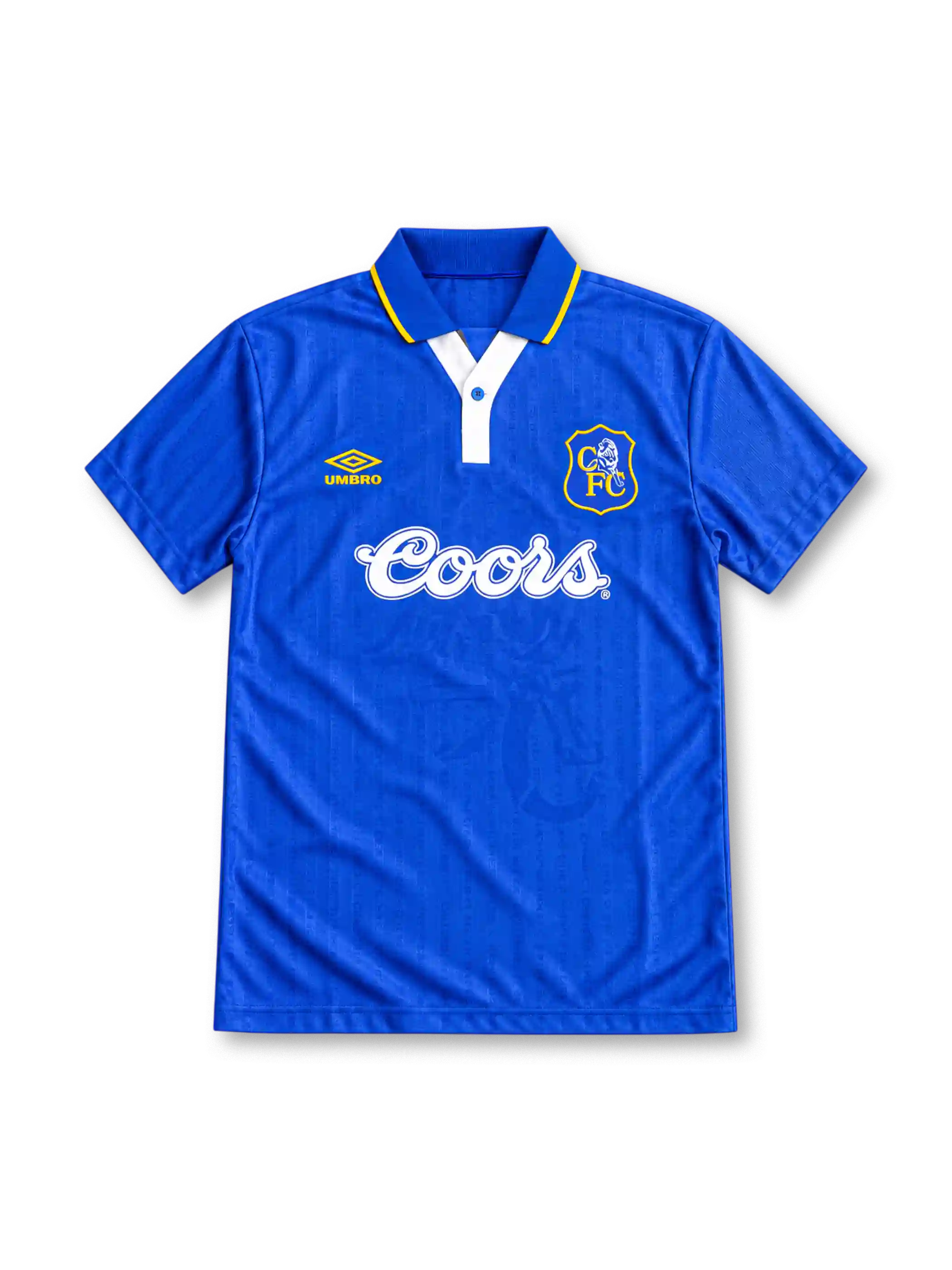 Chelsea 1995/97 royal-blue home jersey featuring a yellow Umbro logo, white Coors sponsor, club crest, and blue polo collar with yellow trim, front view.