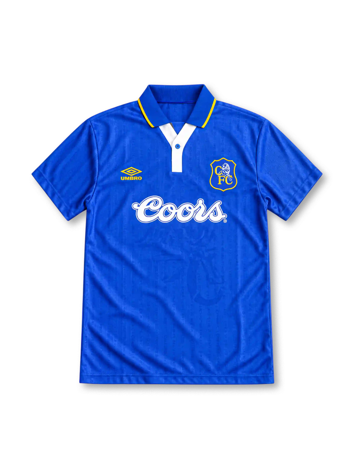 Chelsea 1995/97 royal-blue home jersey featuring a yellow Umbro logo, white Coors sponsor, club crest, and blue polo collar with yellow trim, front view.