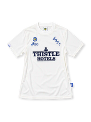 Leeds United 1995/96 white home jersey featuring blue ASICS branding, LUFC chest lettering, and navy Thistle Hotels sponsor, front view.