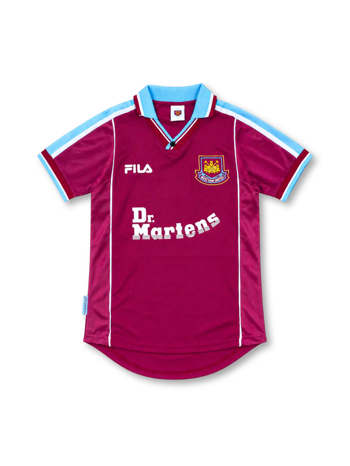West Ham United 1999/01 claret home jersey with sky-blue shoulder stripes, FILA logo, club crest, and white Dr. Martens sponsor, front view.